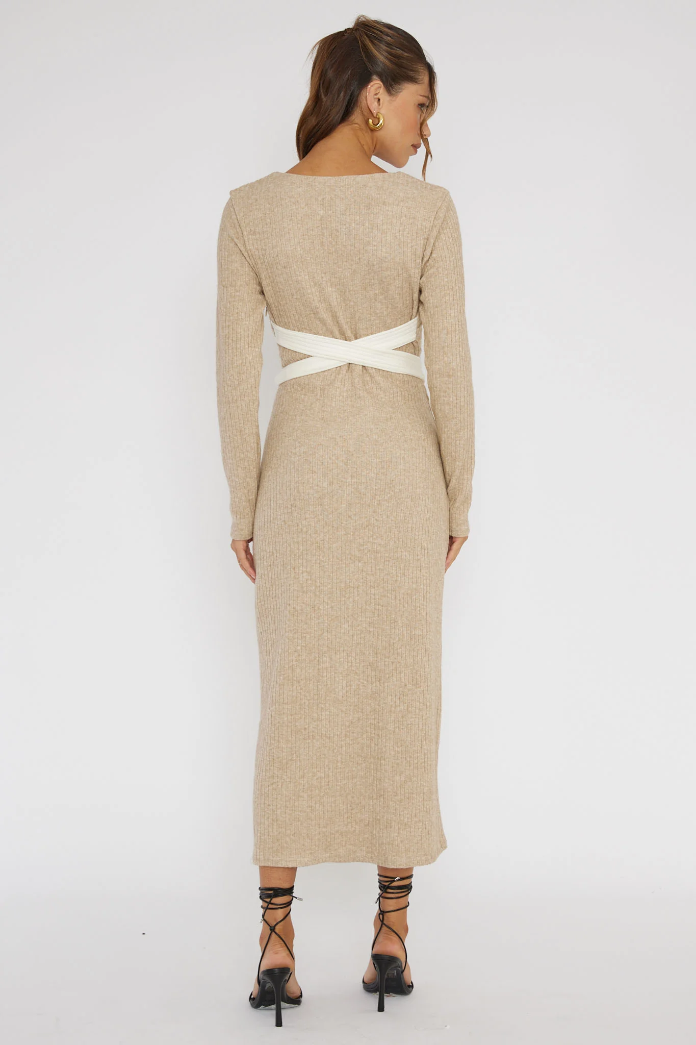 So Emotional Long Sleeve Cut-Out Knit Dress Oat - Sonourner