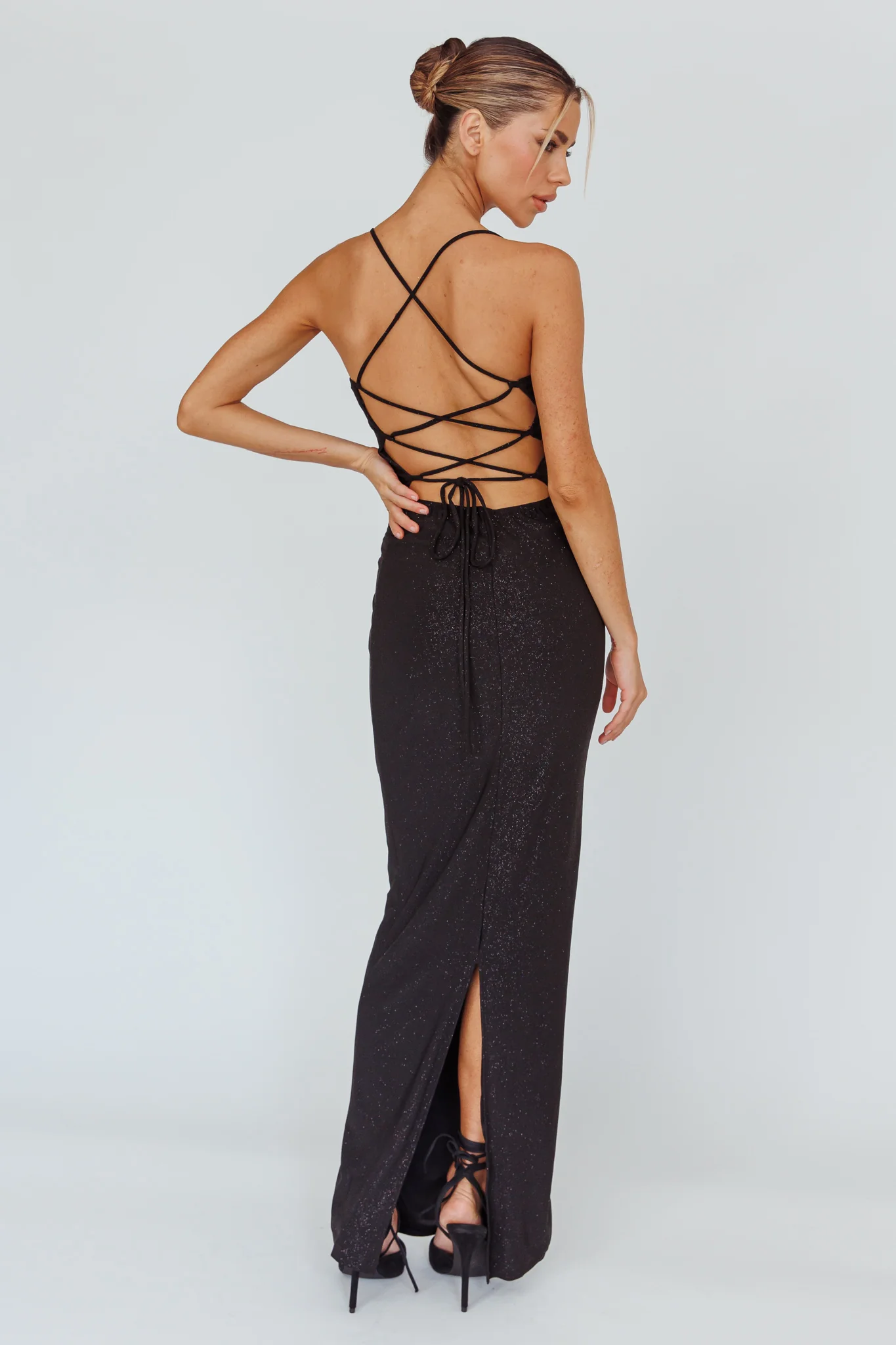 Ailani Lace-Up Back Maxi Dress Sparkle Black - Sonourner