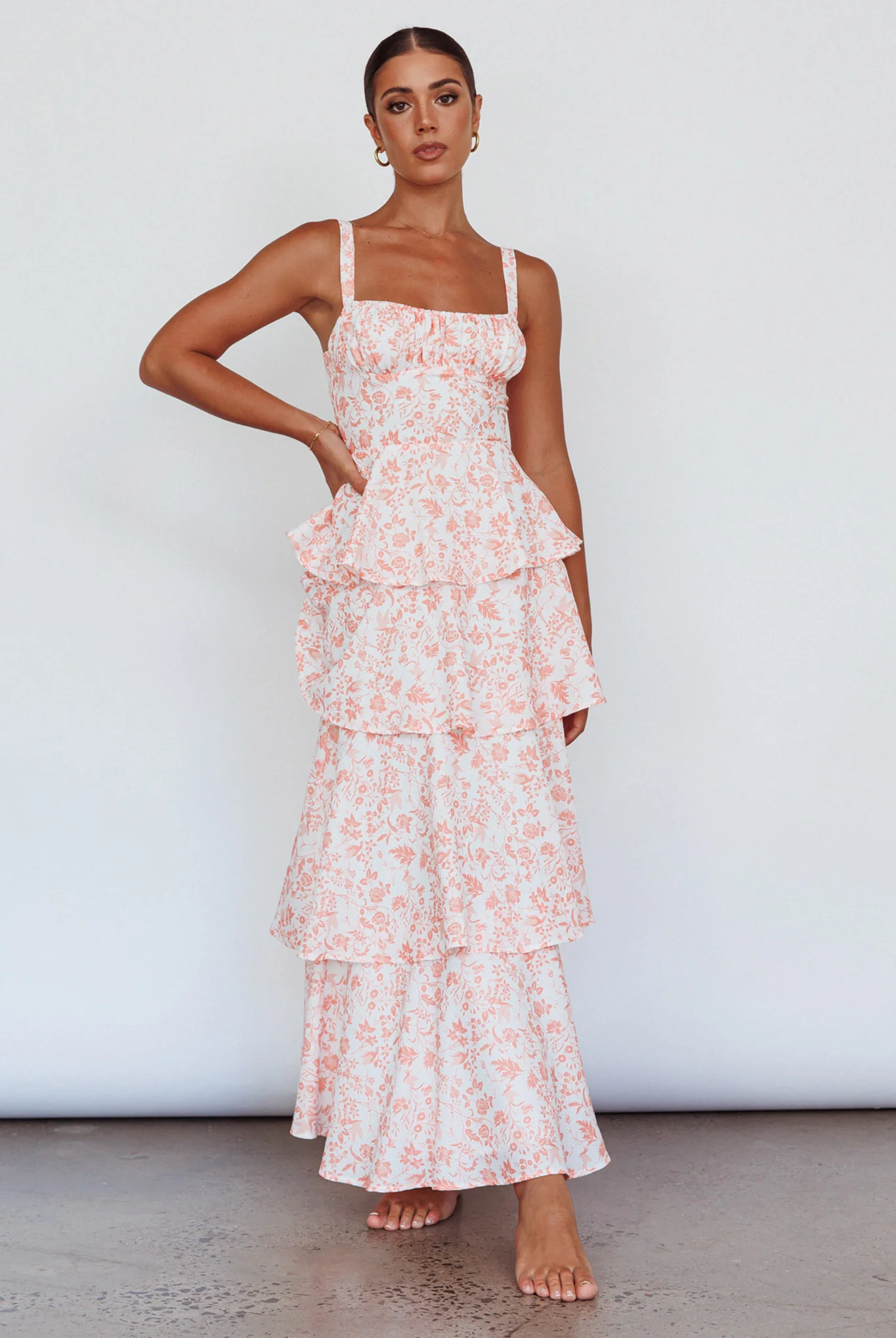 Provence Bloom Tiered Midi Dress Floral Orange - Sonourner