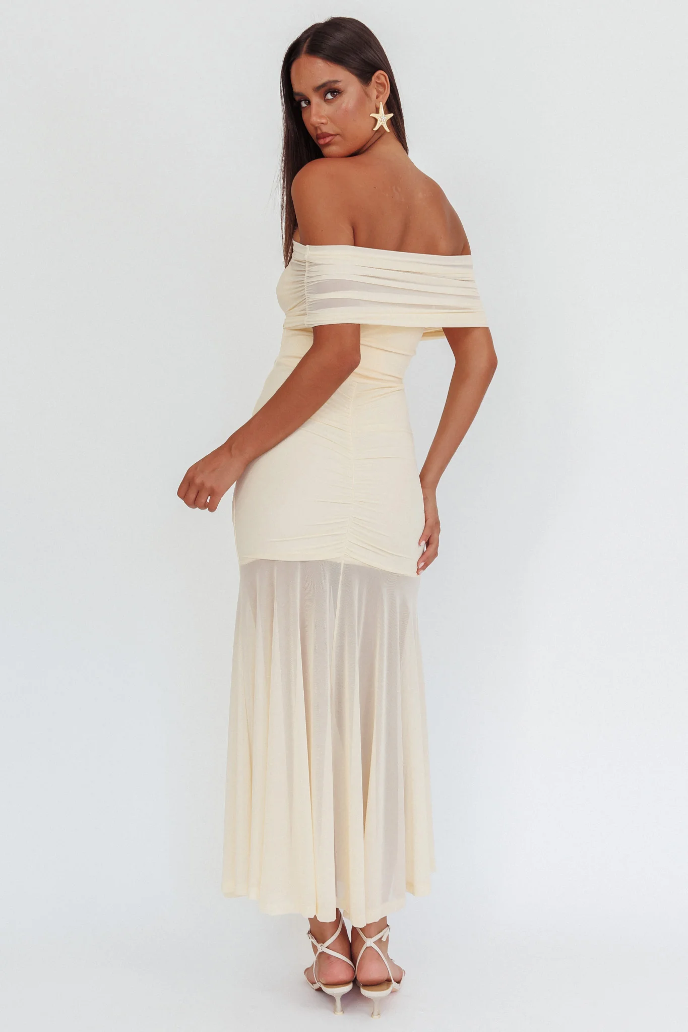 Clarita Sheer Ruched Maxi Dress Cream - Sonourner