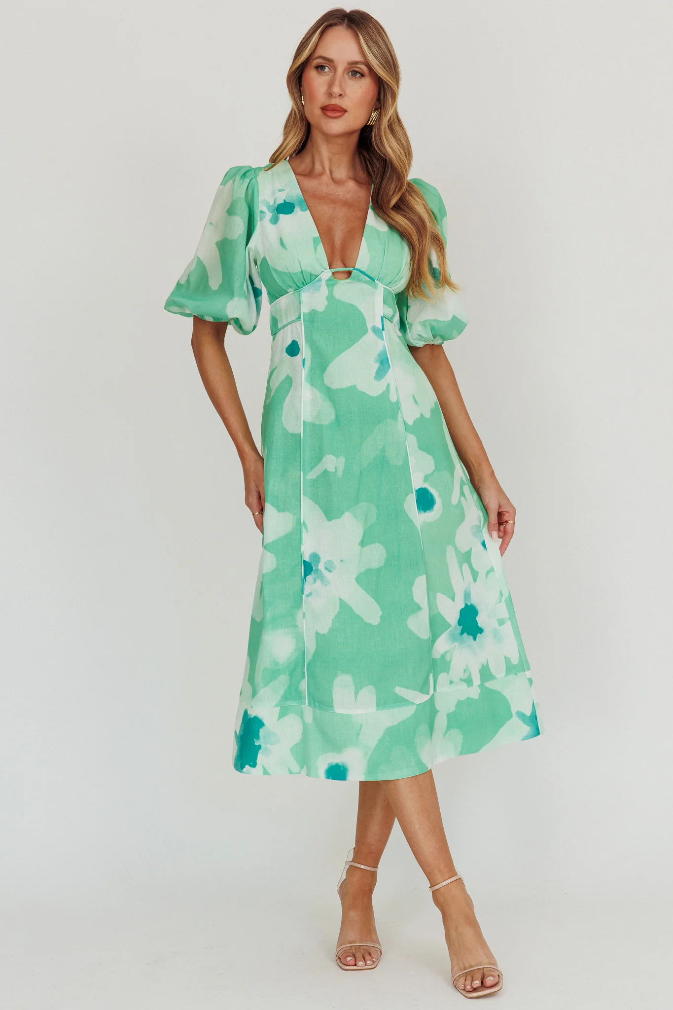 Elias Puff Sleeve Midi Dress Green - Sonourner