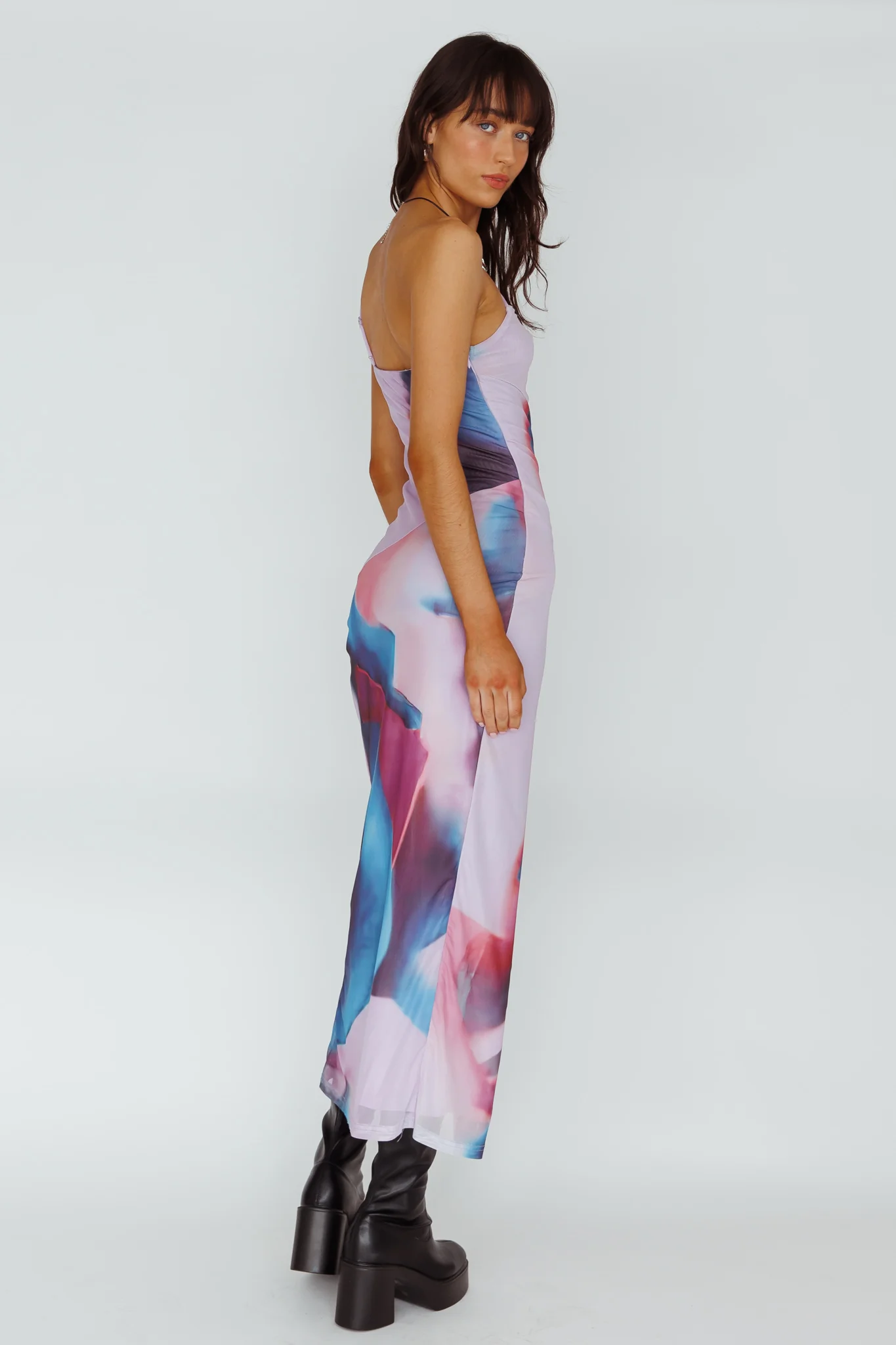 Martine One Strap Mesh Midi Dress Print Plum - Sonourner