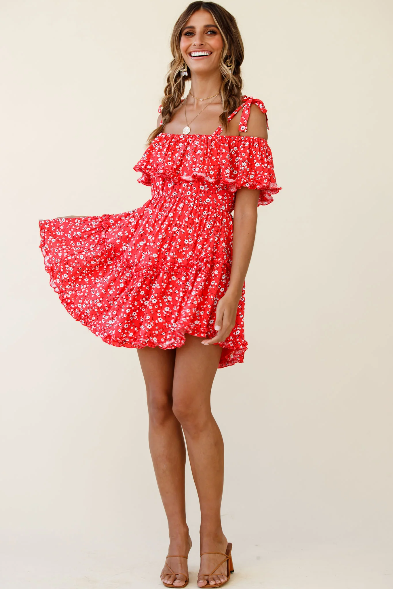 Hacienda Bardot Neckline Frill Dress Floral Print Red - Sonourner