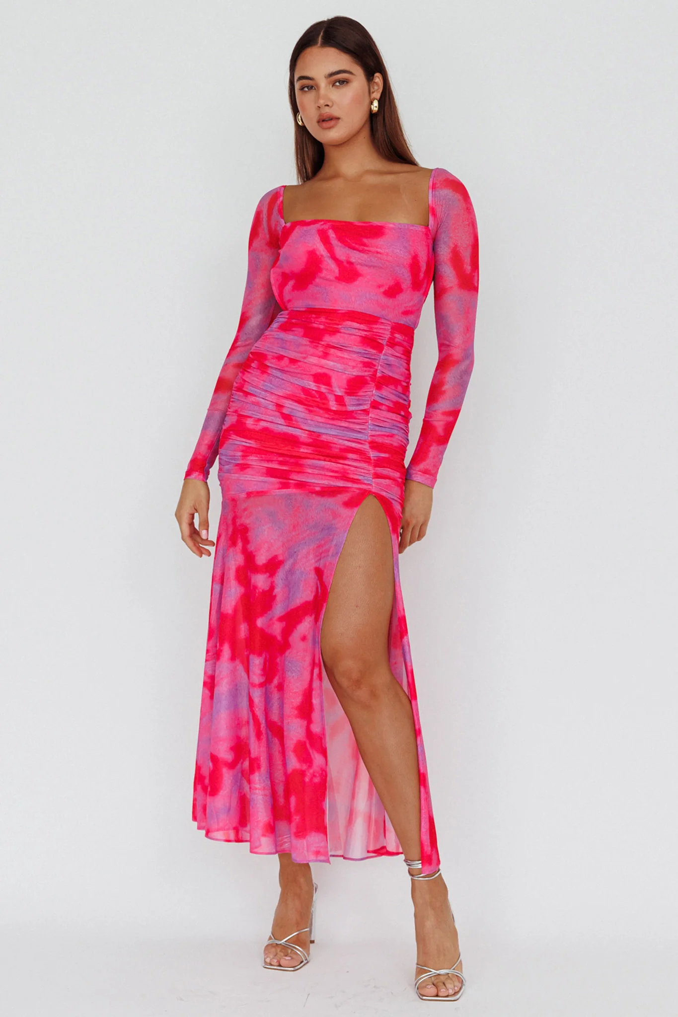 Apryl Long Sleeve Lace-Up Back Maxi Dress Pink - Sonourner