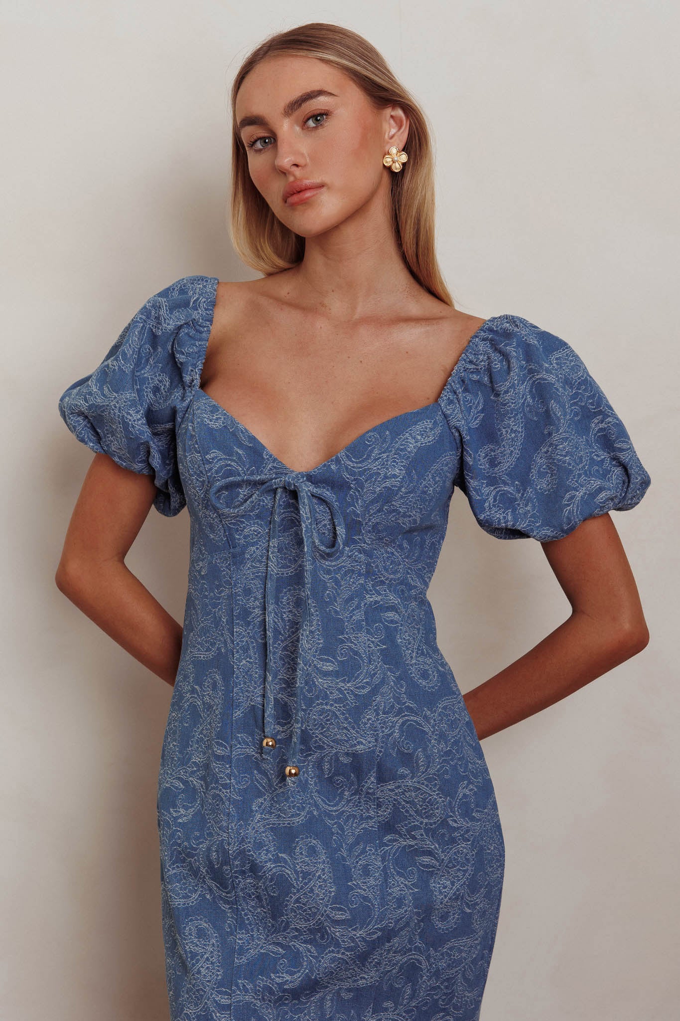 Feeling Electric Puff Sleeves Mermaid Maxi Dress Denim Blue - Sonourner