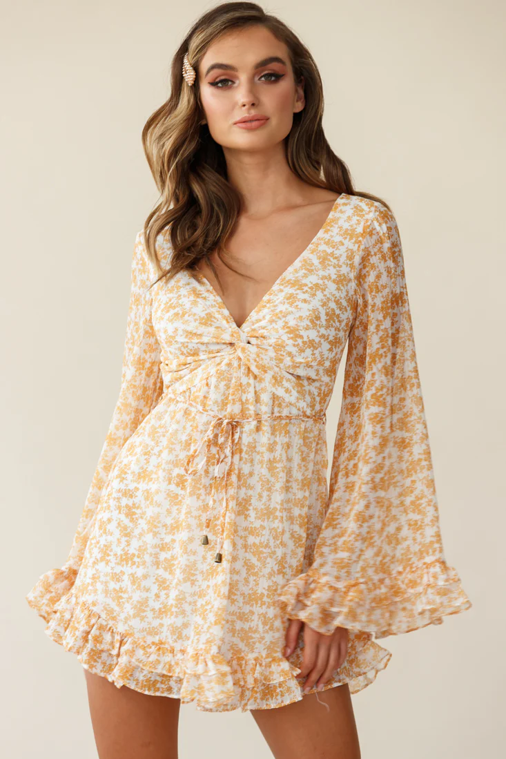 Perri Bell Sleeve Twist Knot Bust Dress Floral Print Yellow - Sonourner