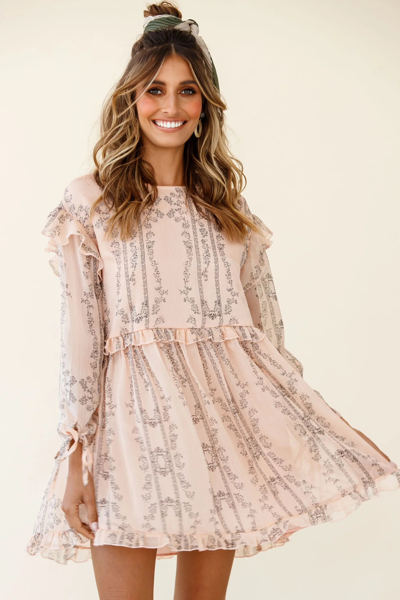 Marion Long Sleeve Shift Dress Vintage Floral Print Nude - Sonourner