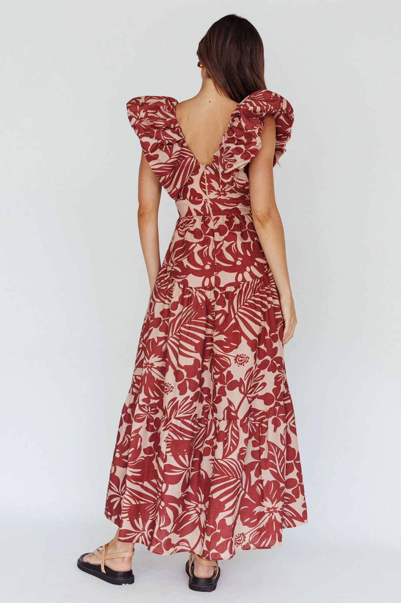 Kahlo Puffed Ruffle Neckline Maxi Dress Print Flame - Sonourner