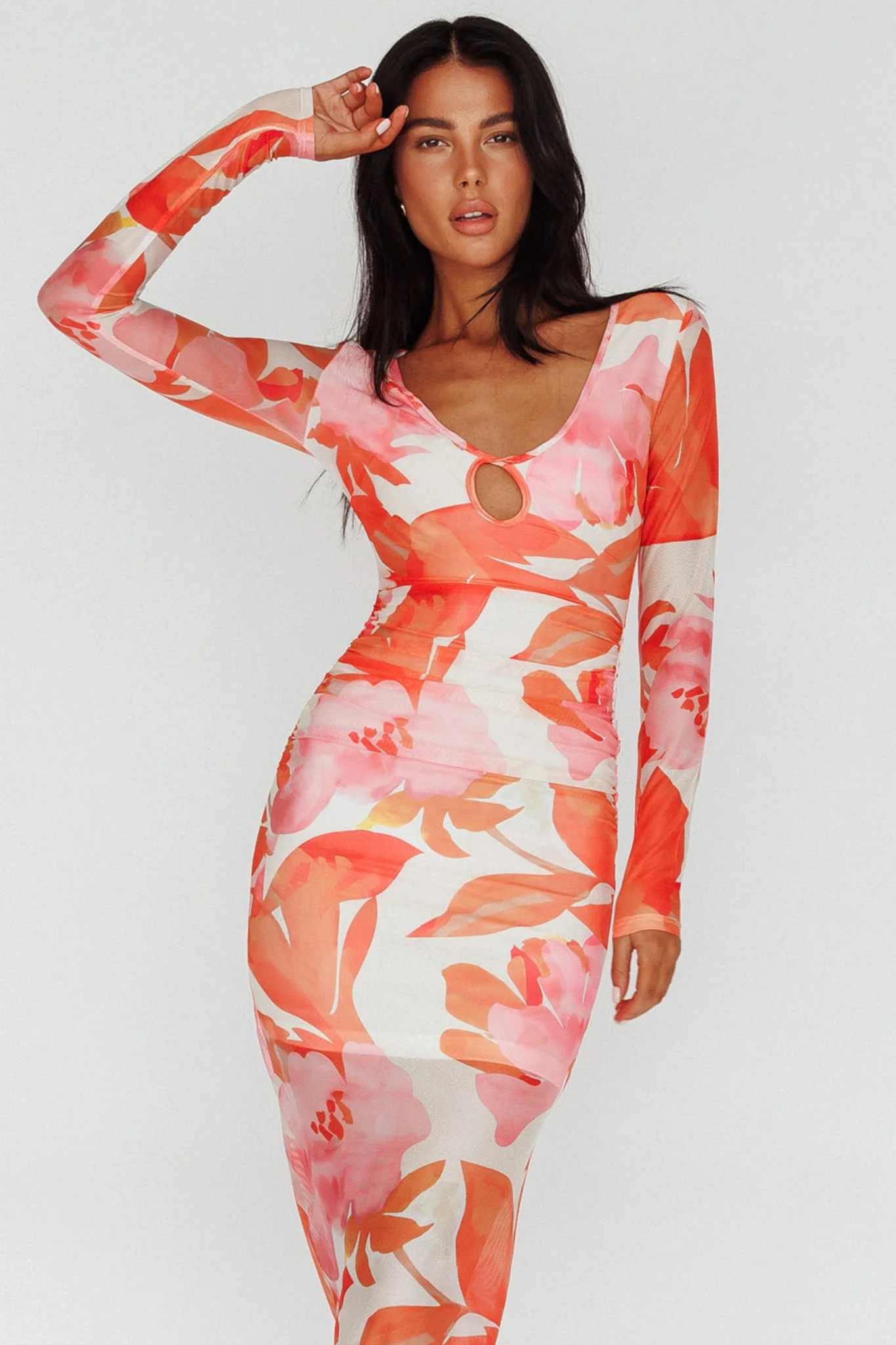 Chardae Long Sleeve Mesh Midi Dress Floral Pink - Sonourner