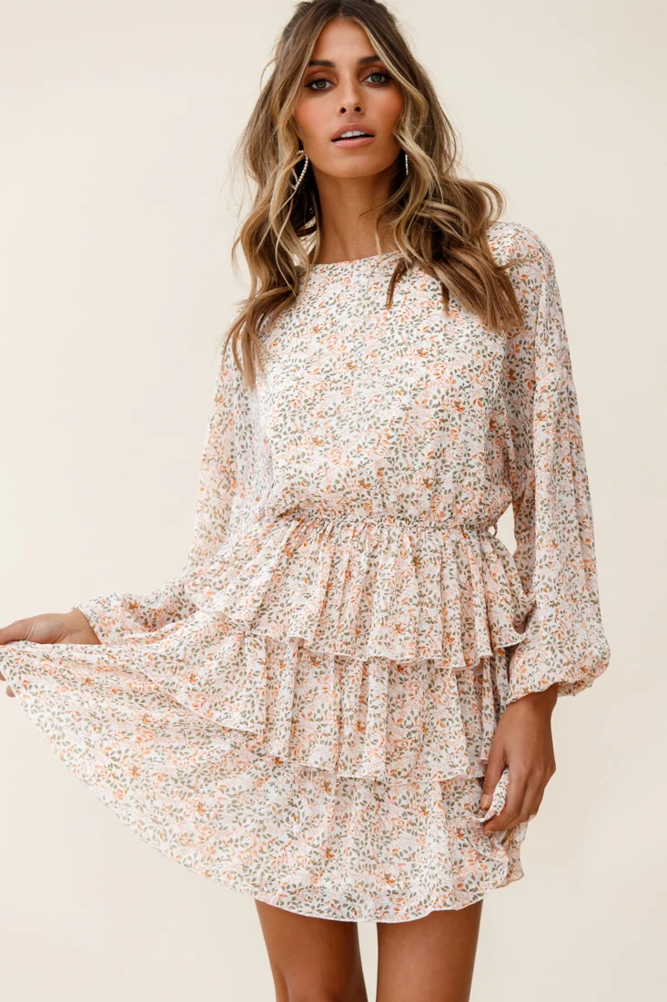 Odessa Long Sleeve Layered Ruffle Dress Floral Print Nude - Sonourner
