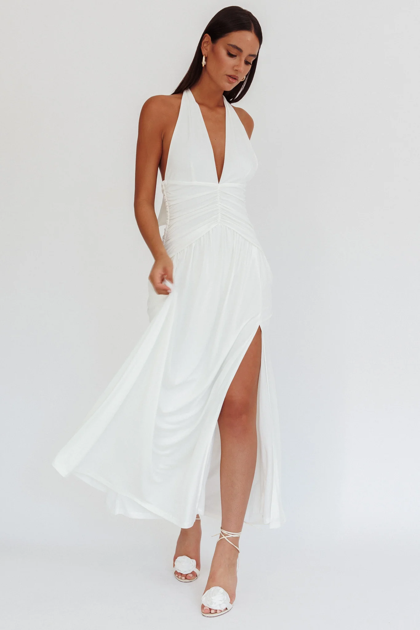 Italia Azure Gathered Waist Maxi Dress White - Sonourner