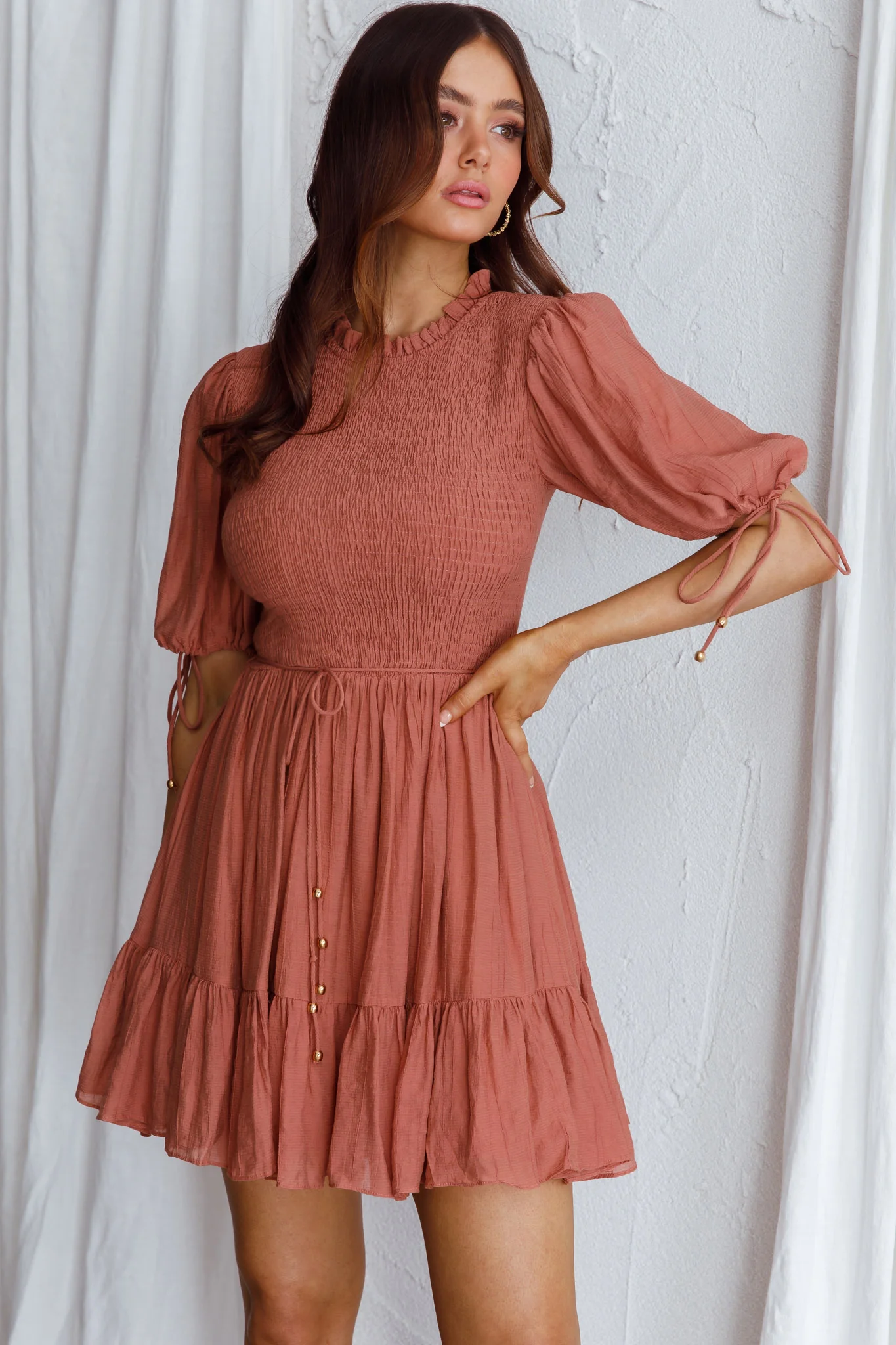 Secret Garden Puff Sleeve Smocked Bodice Dress Mocha - Sonourner