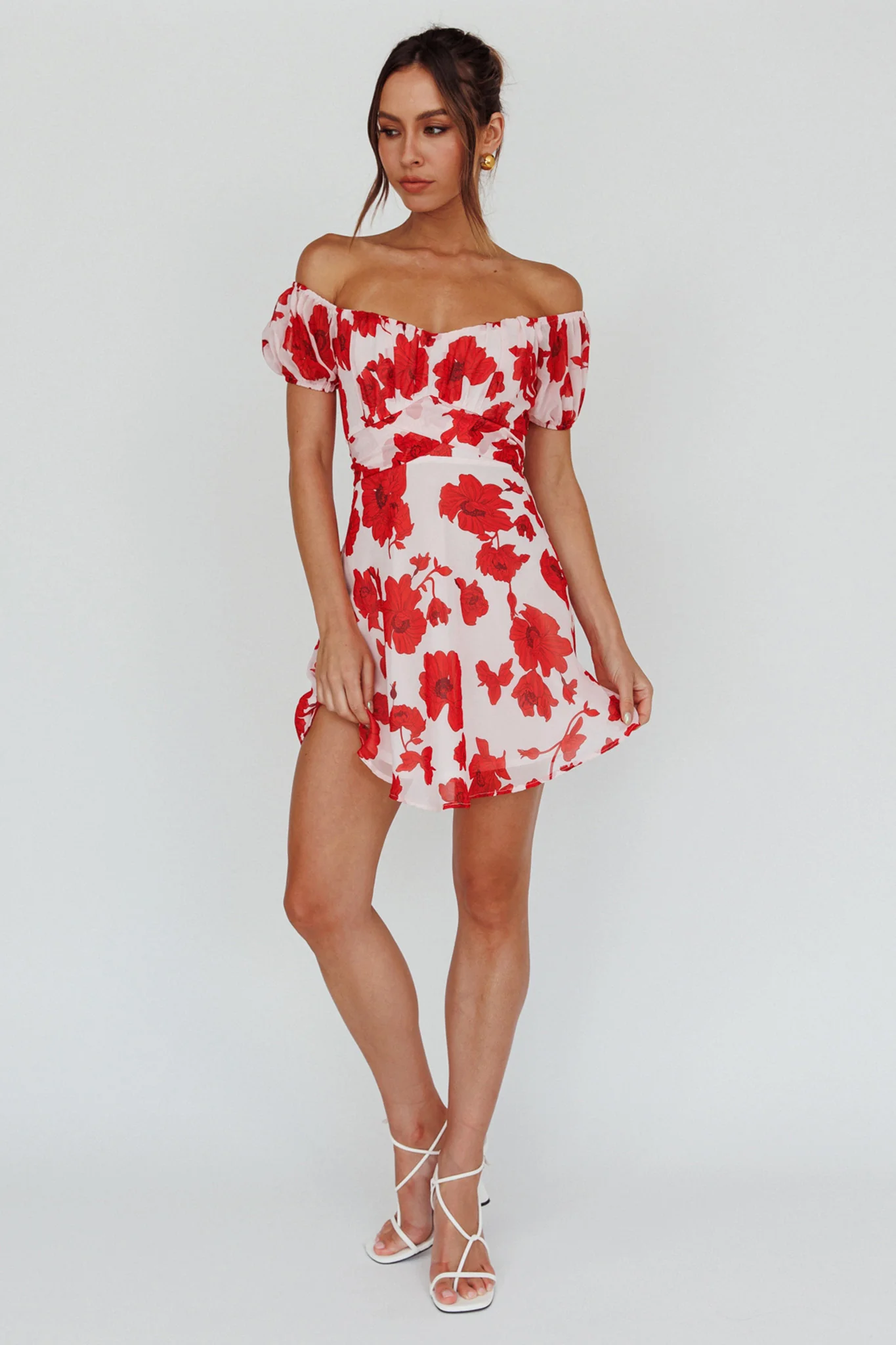 Linka Puff Sleeve Waist Tie Dress Floral Red - Sonourner