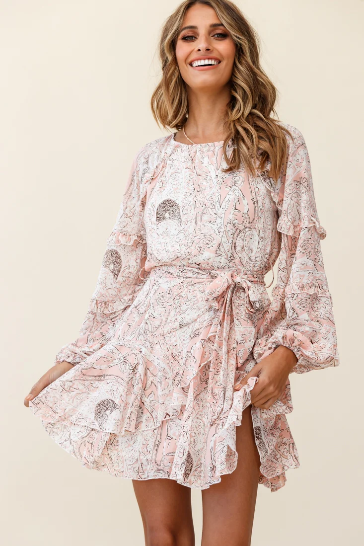 Angelini Long Sleeve Waist Tie Dress Floral Print Pink - Sonourner