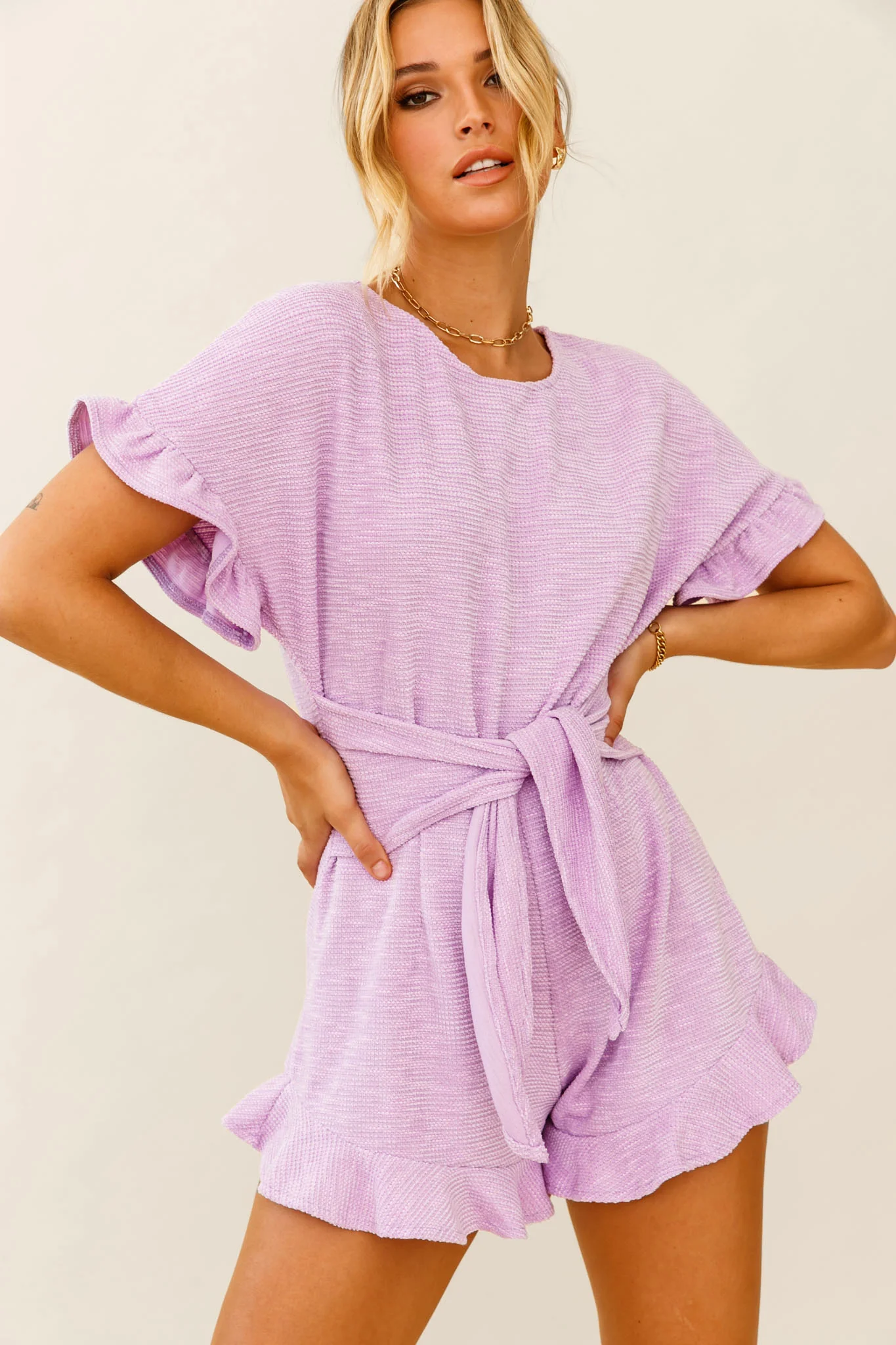 Feelin' Blessed Waist-Tie Frill Trim Romper Lilac - Sonourner