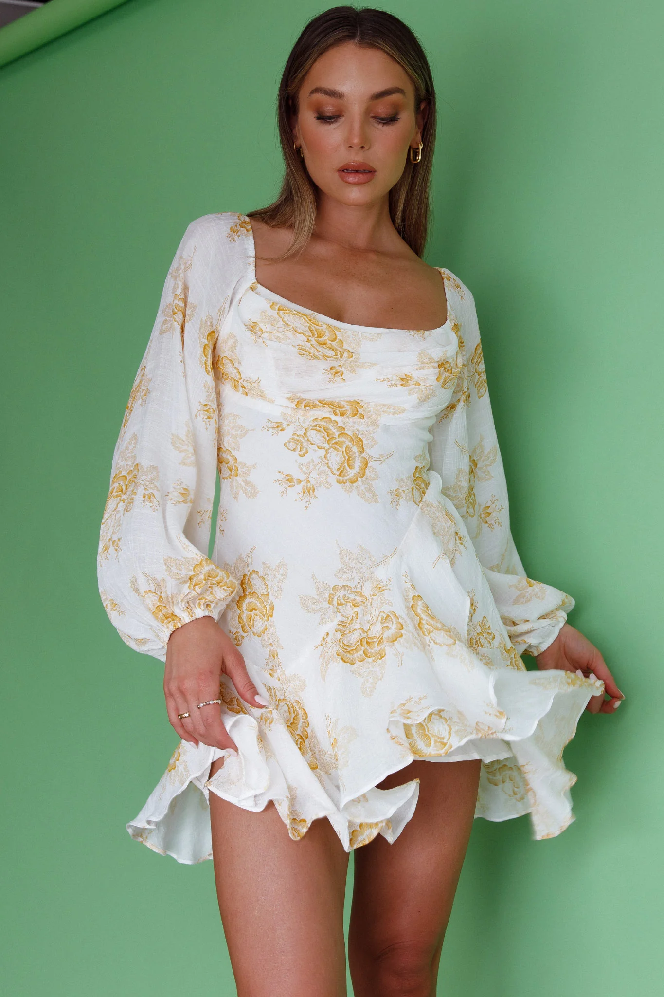 Beaujolais Long Sleeve Cowl Neckline Ruffle Mini Dress Floral Yellow - Sonourner