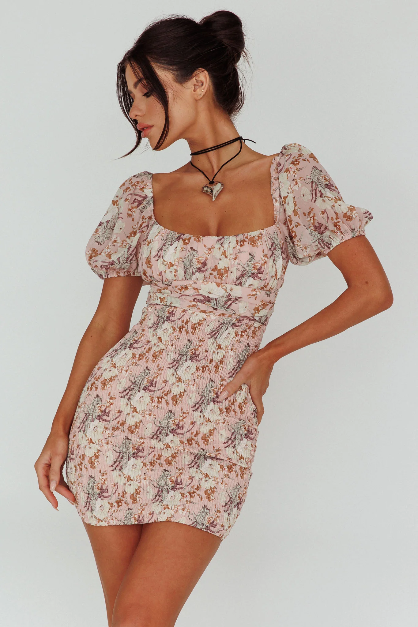 Joie Puff Sleeve Shirred Dress Floral Blush - Sonourner