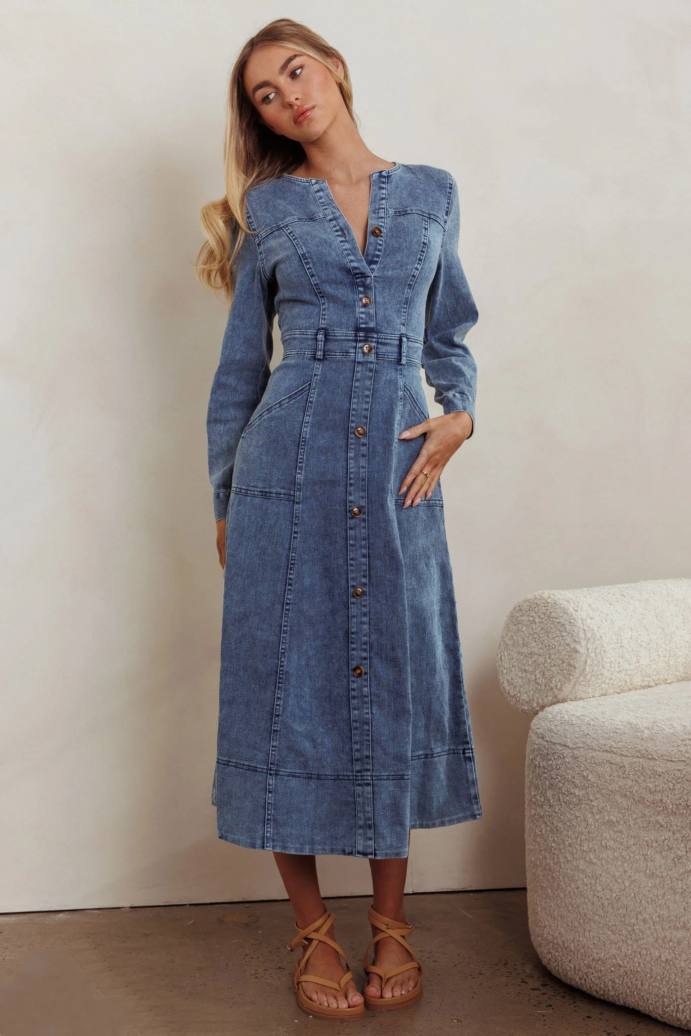 Aspen Love Front Pocket Midi Dress Denim Blue - Sonourner