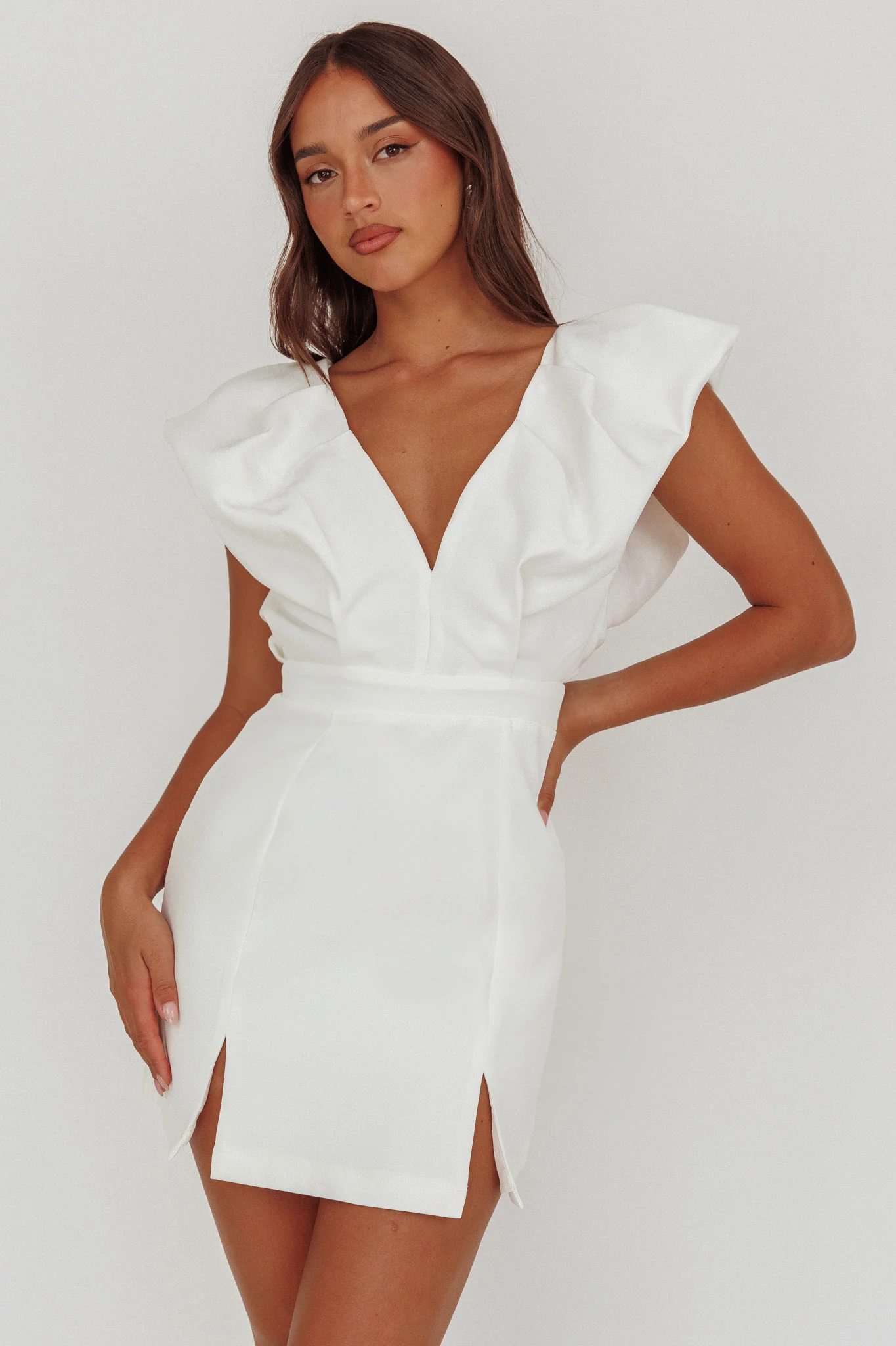 Liardon Bubble Sleeve V-Neckline Mini Dress White - Sonourner