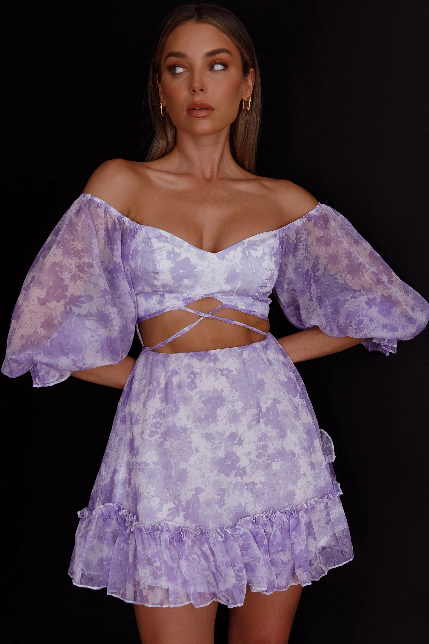 Alethea Puff Sleeve Cut-Out Waist Dress Floral Print Lilac - Sonourner