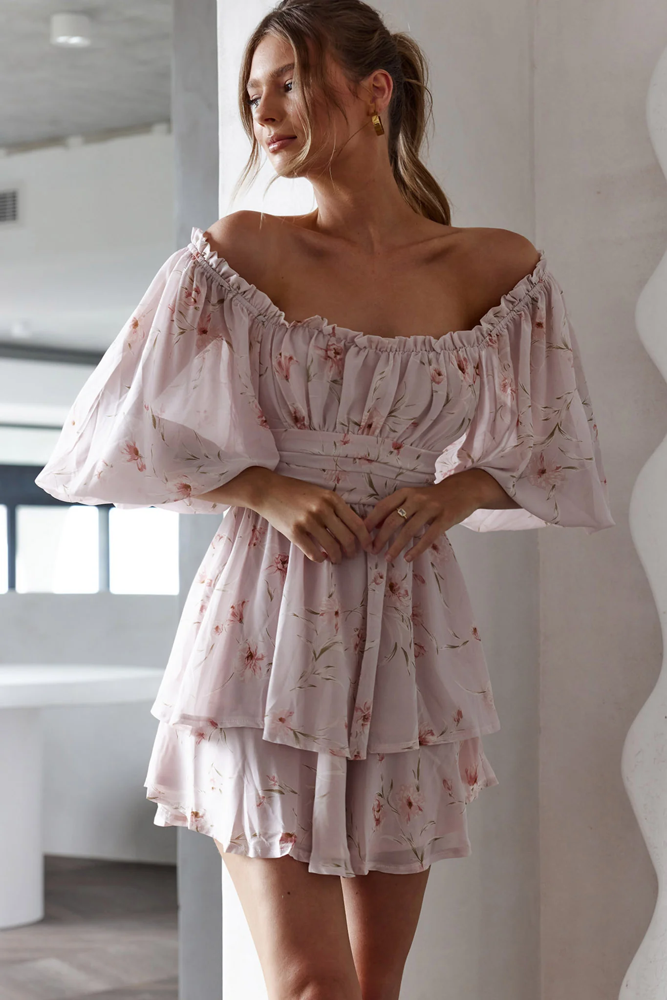 Forever Bloom Off-Shoulder Mini Dress Floral Pink - Sonourner