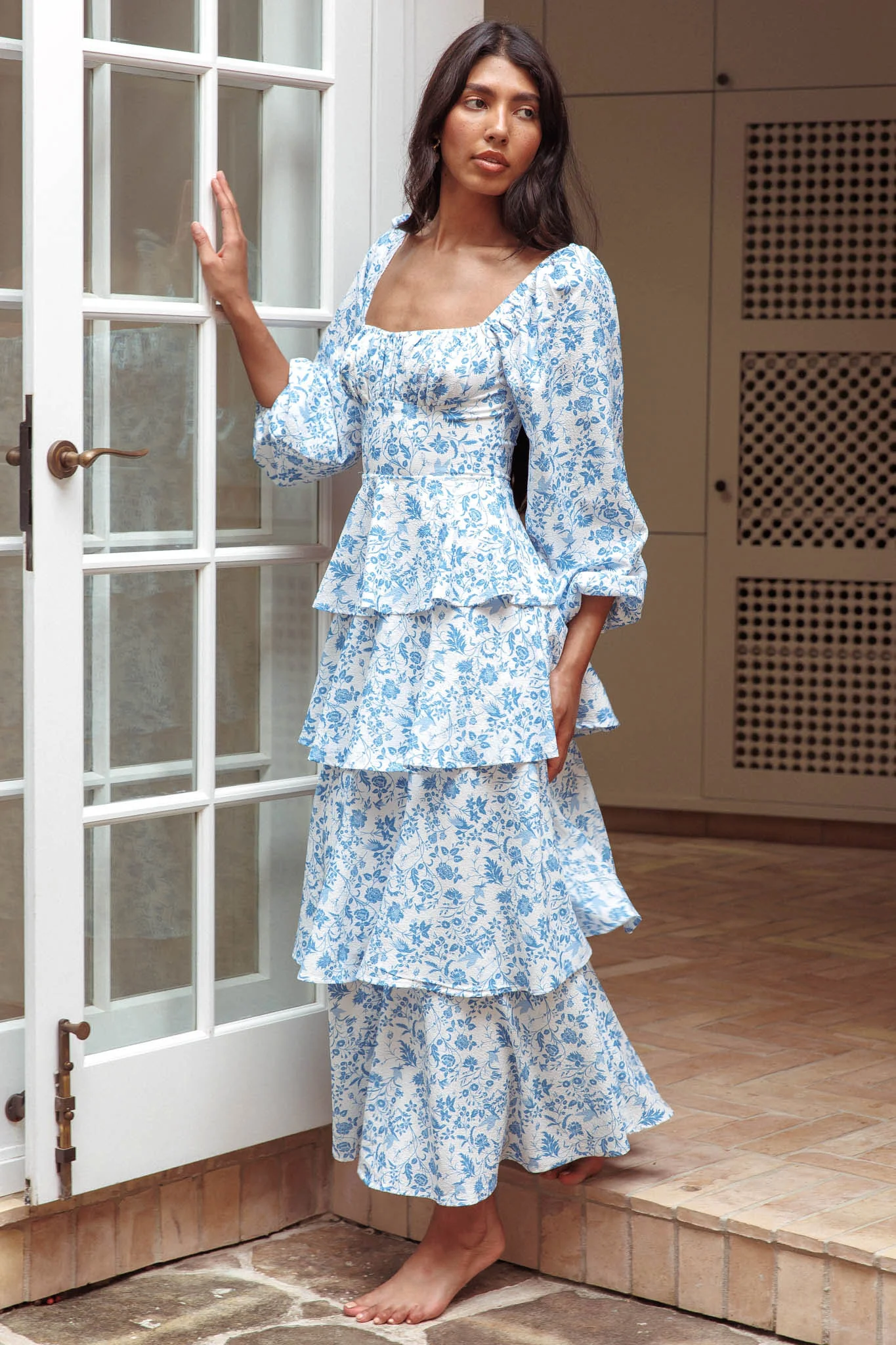 Provence Bloom Long Sleeve Maxi Dress Floral Blue - Sonourner