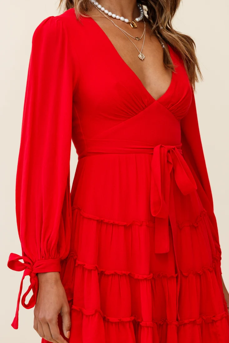 Jocelyn Long Sleeve Tied Cuff Frill Dress Red - Sonourner
