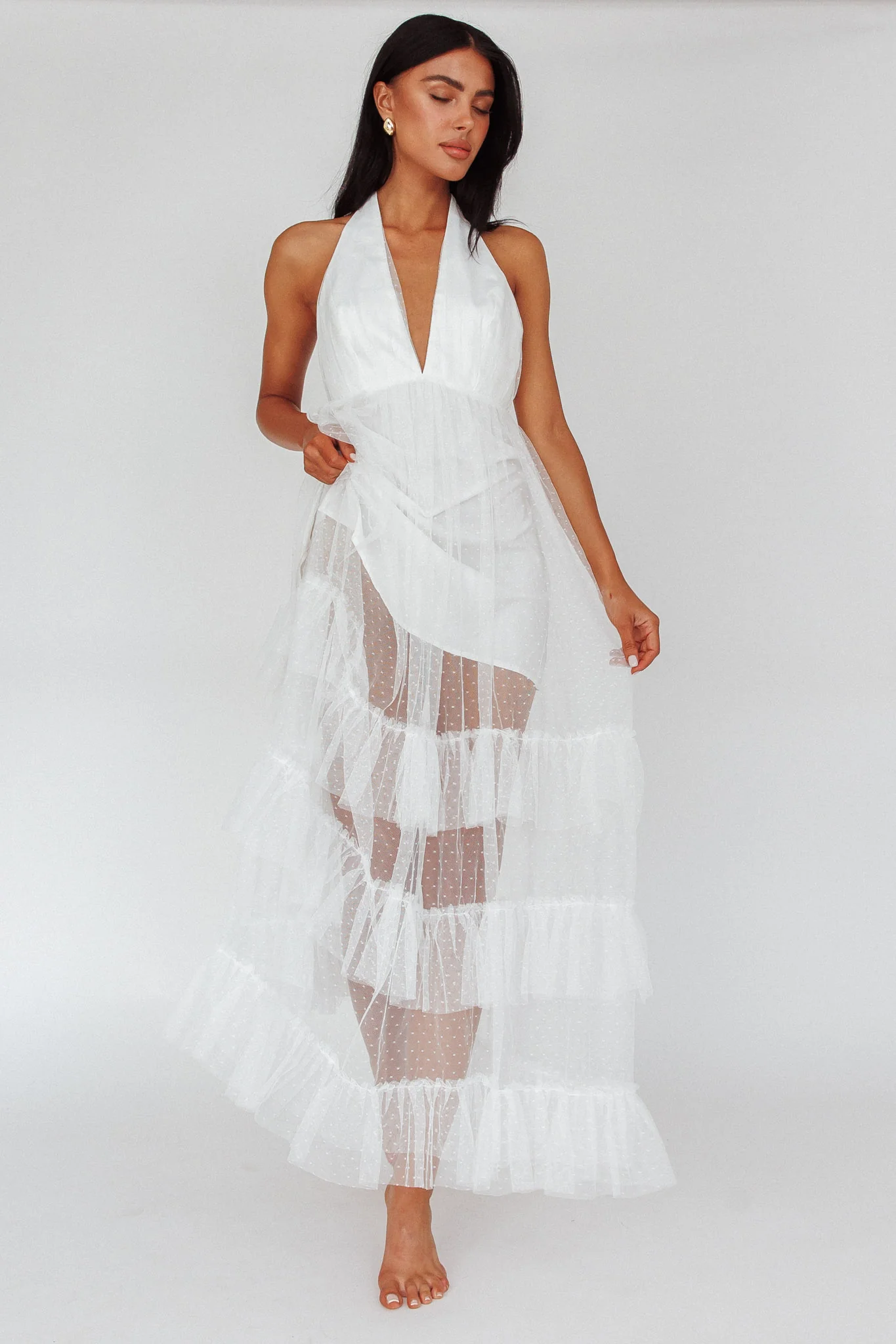 Moonlight Sonata Ruffle Mesh Maxi Dress Hail Spot White - Sonourner