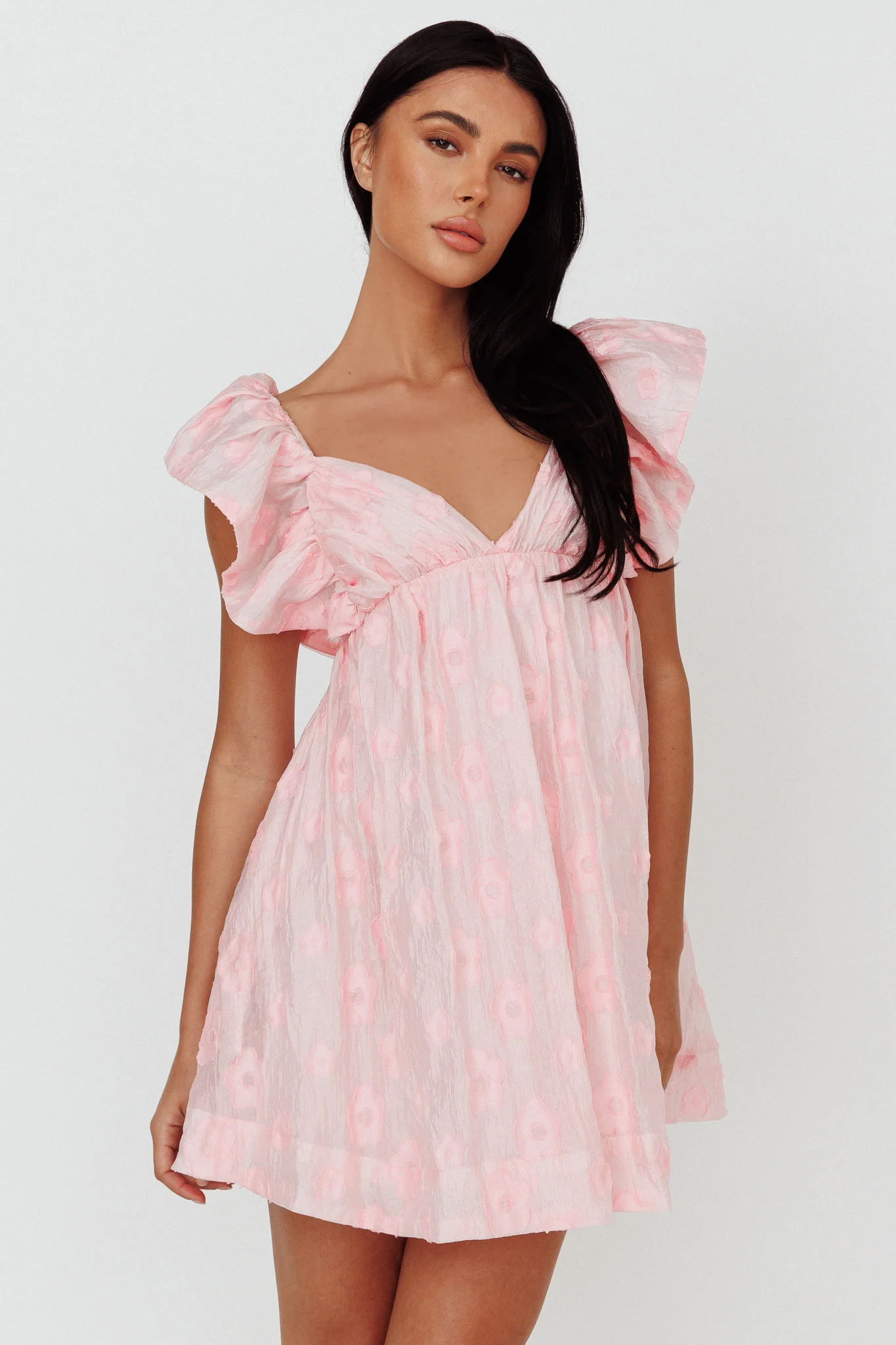 Melrose Place Floral Textured Frill Dress Pink - Sonourner