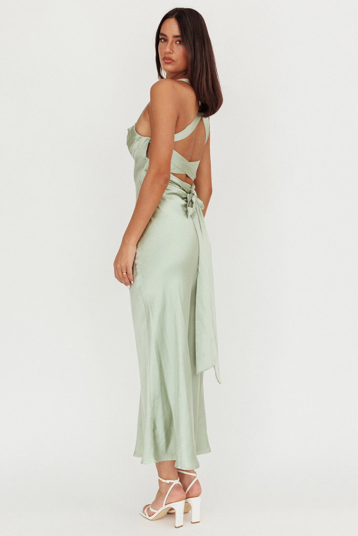 Favorite Part Crossover Back Satin Maxi Dress Sage - Sonourner