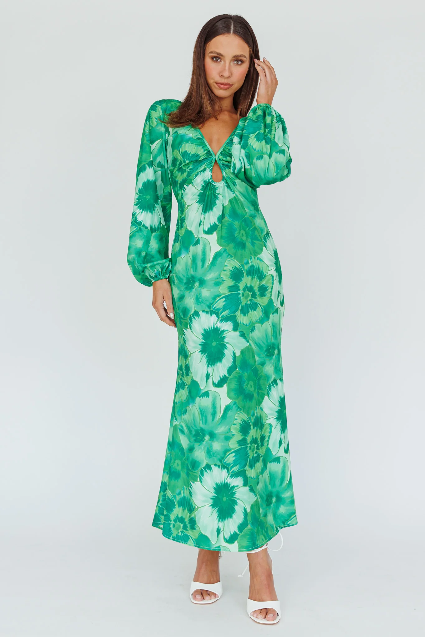 Yessica Balloon Sleeve Midi Dress Floral Green - Sonourner