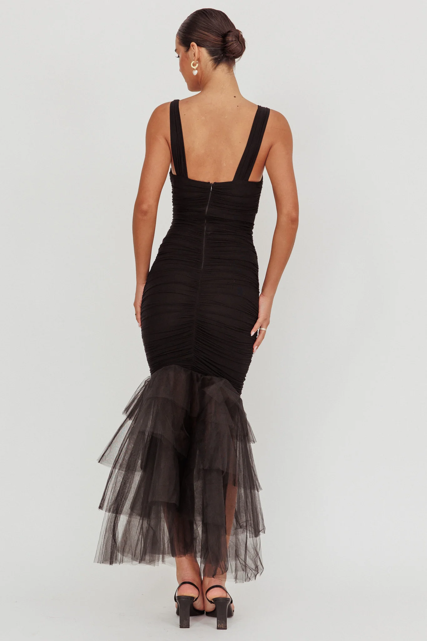 Nadia Tulle Hem Ruched Maxi Dress Black - Sonourner