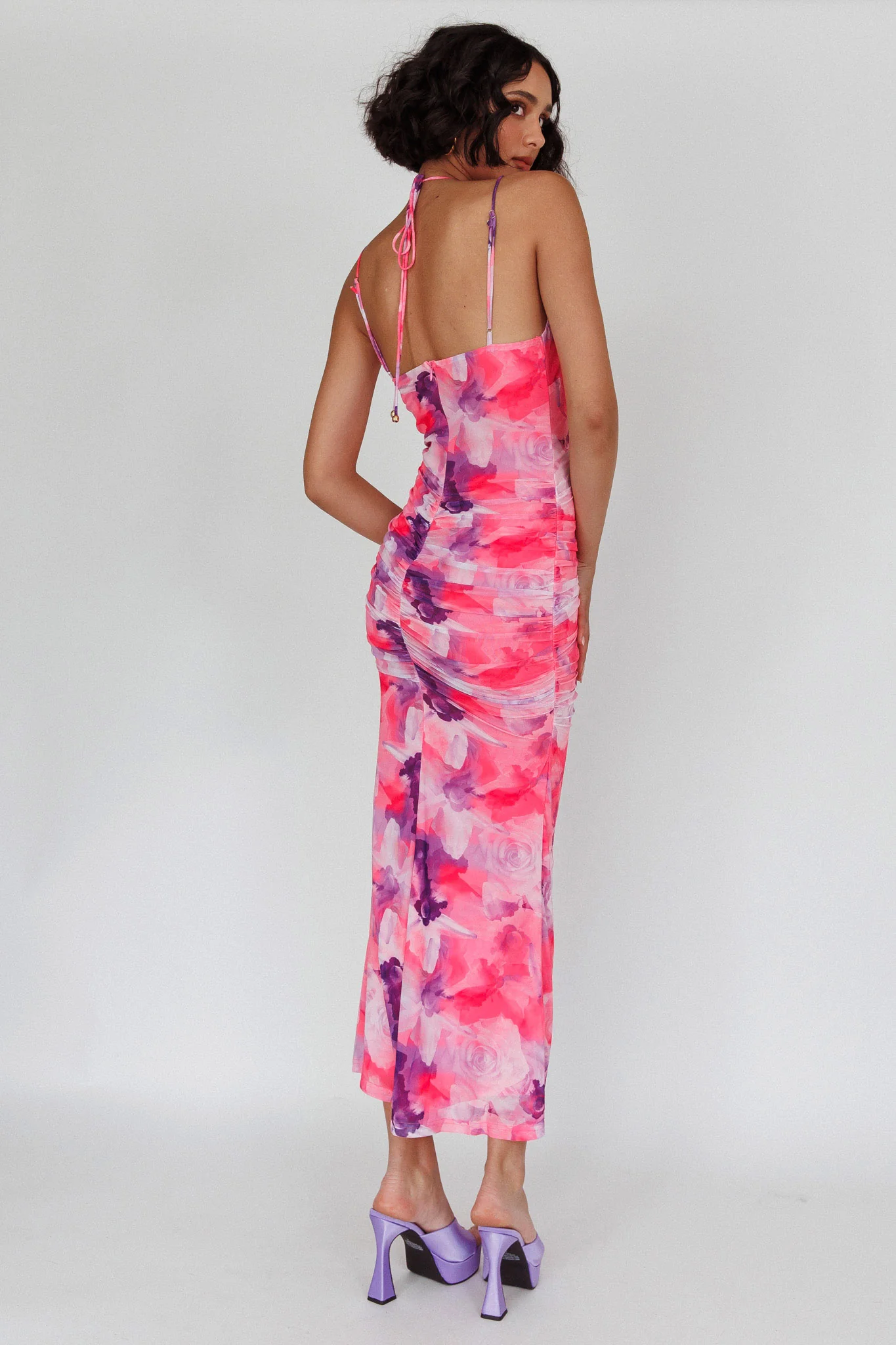 Gypsy Garden Laced Bodice Ruched Midi Dress Pink - Sonourner