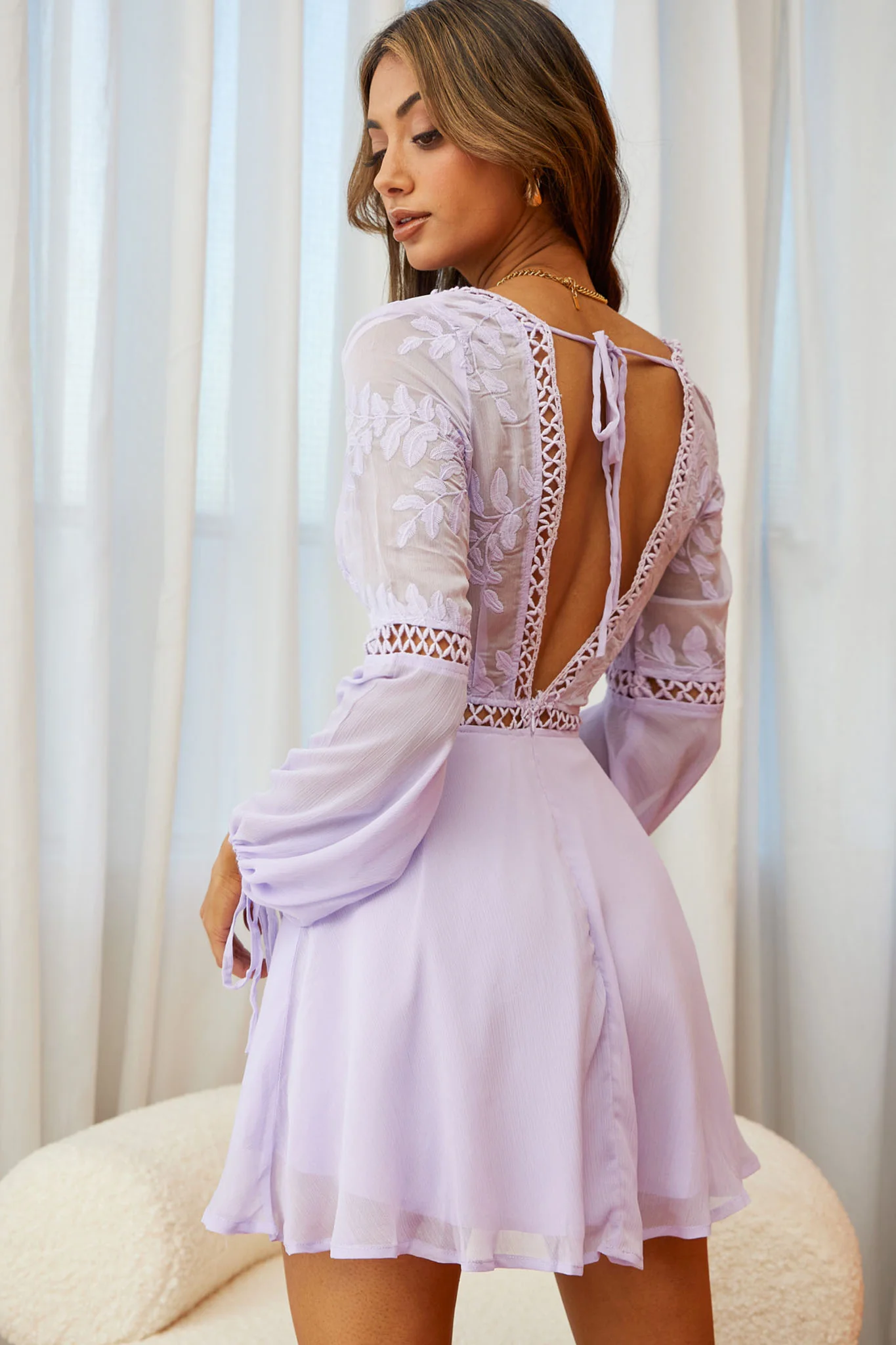 Carson Long Sleeve Crochet Embroidery Detail Dress Lilac - Sonourner