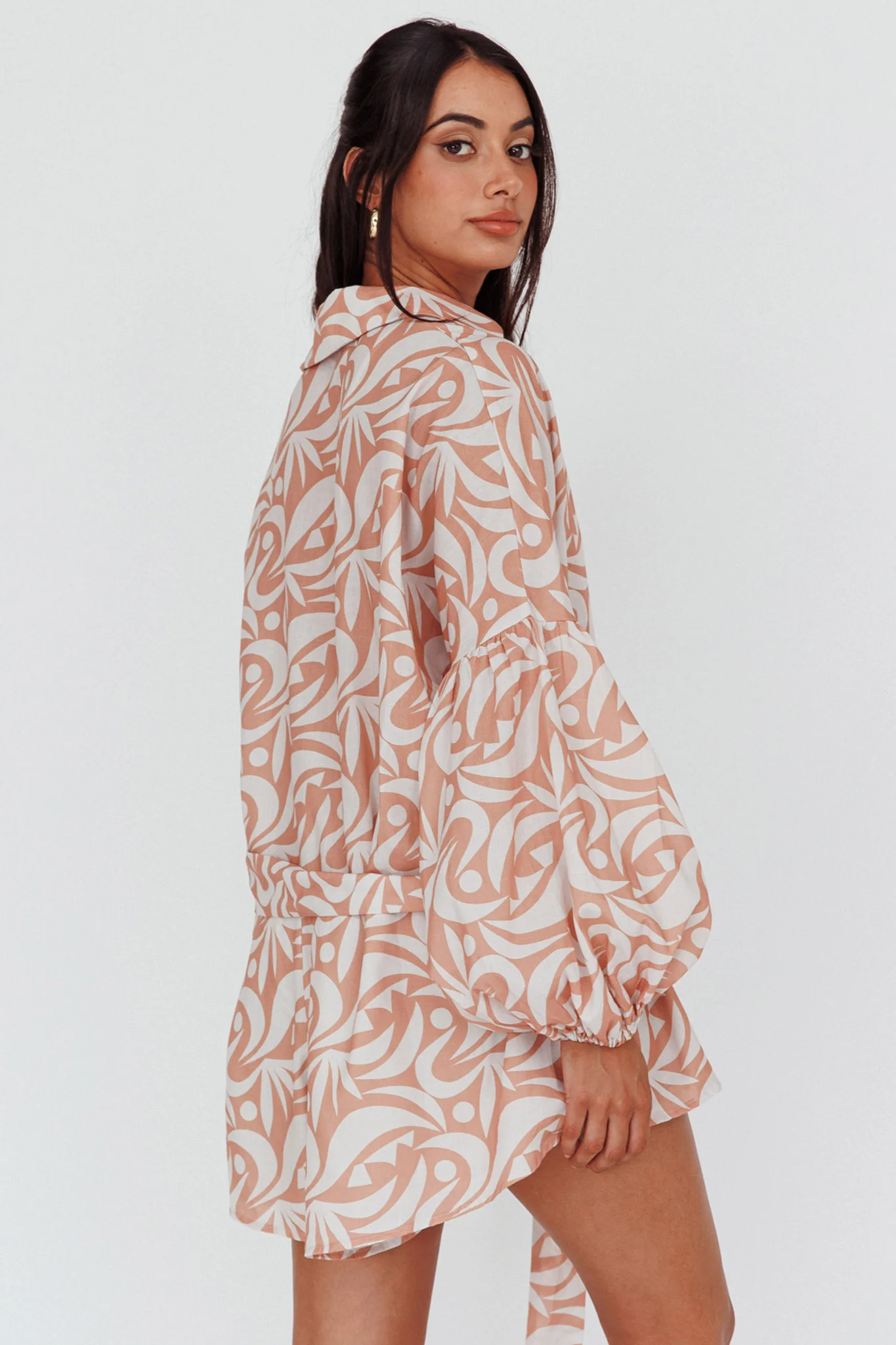 Daytona Beach Long Sleeve Shirt Romper Print Peach - Sonourner