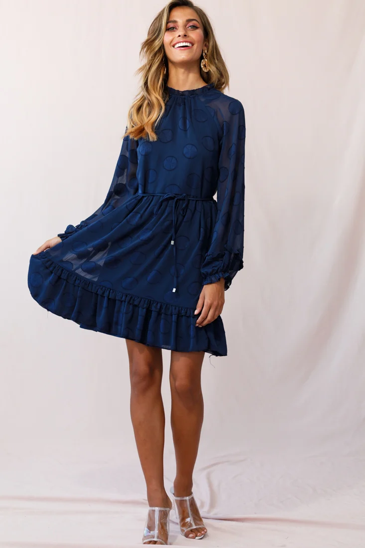 Tracee High Neckline Sheer Sleeve Polka Dot Dress Navy - Sonourner
