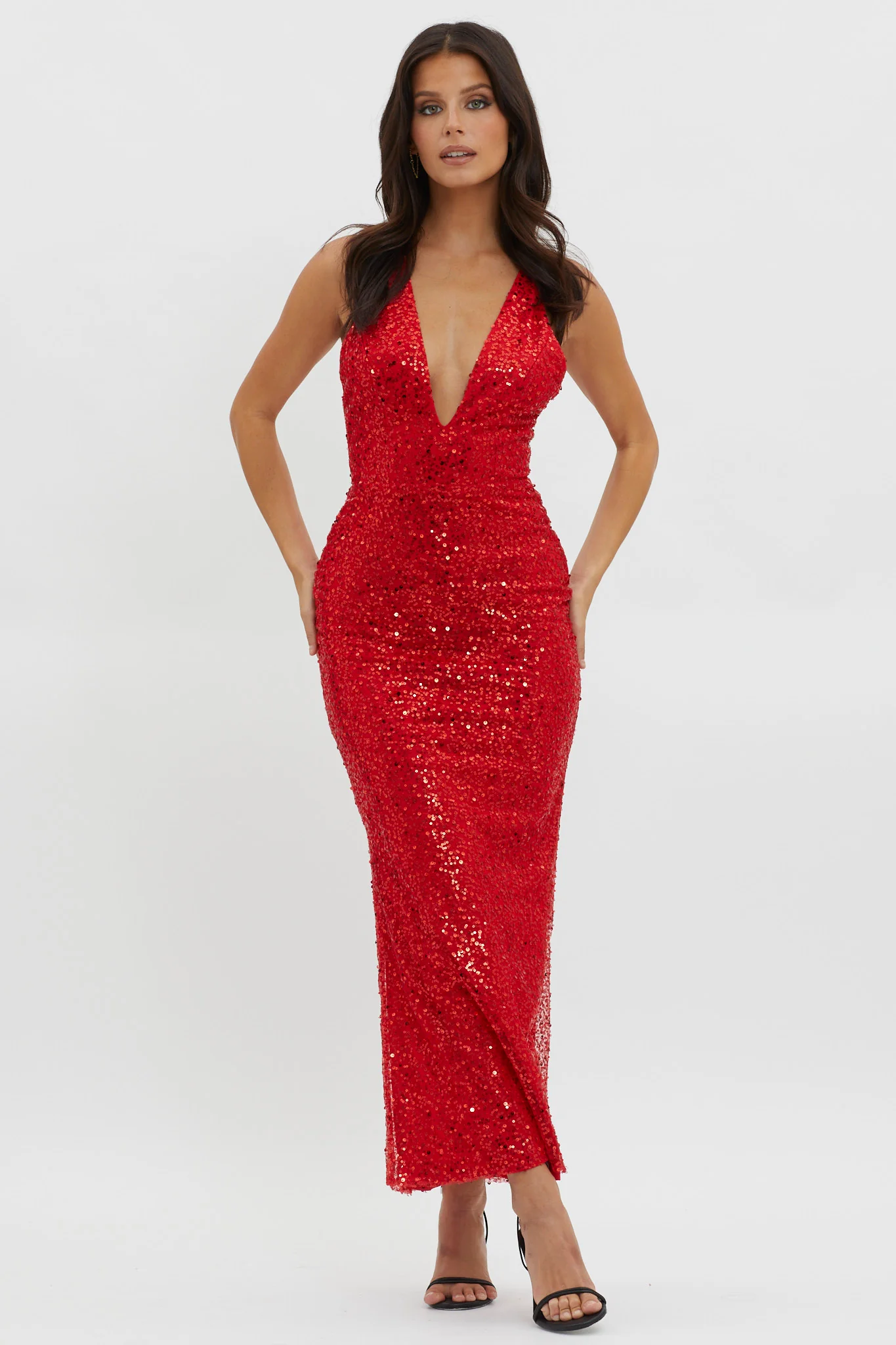 Glitter Nights Plunging Neckline Sequin Dress Red - Sonourner
