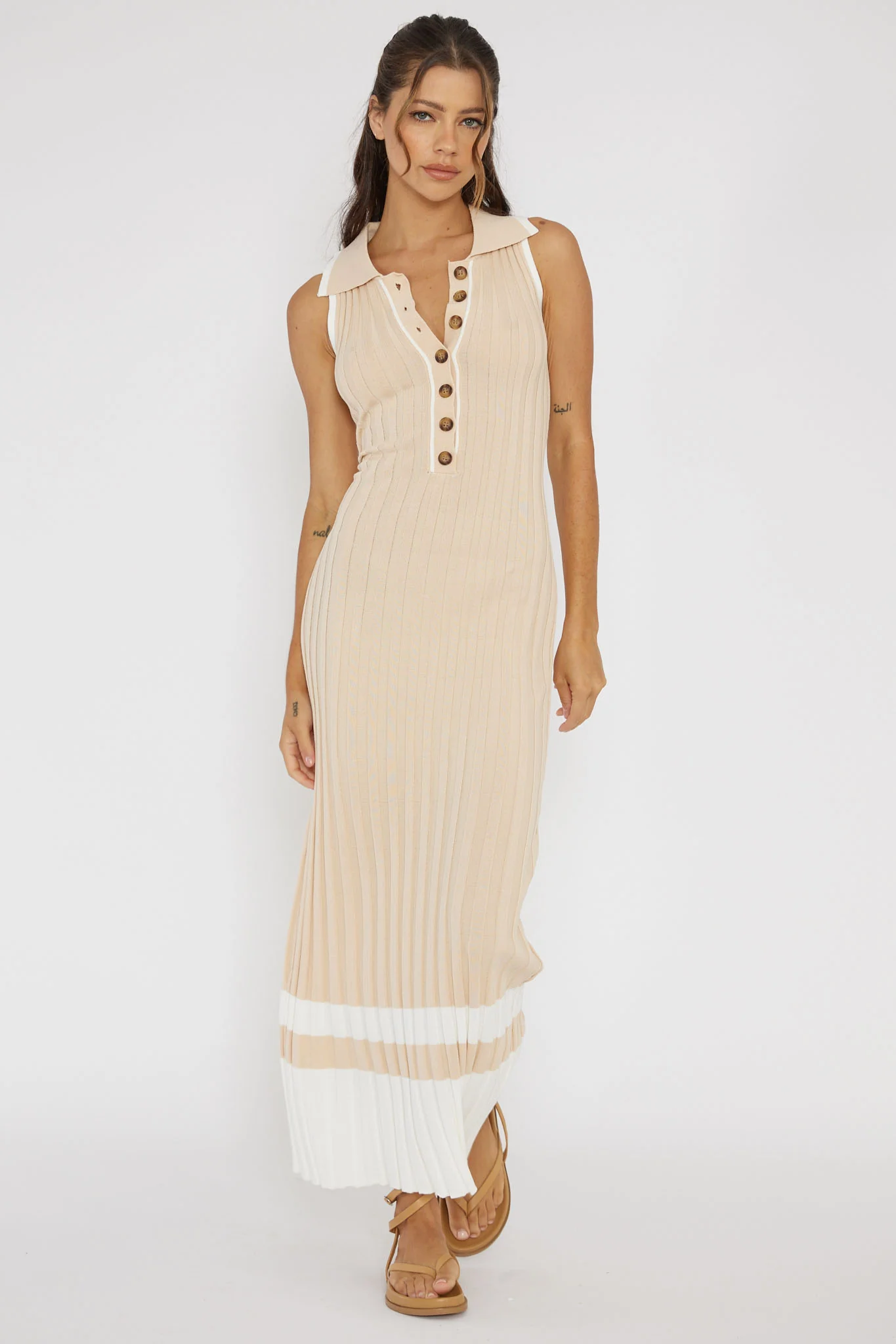 Cayla Button-Up Ribbed Knit Dress Sand - Sonourner
