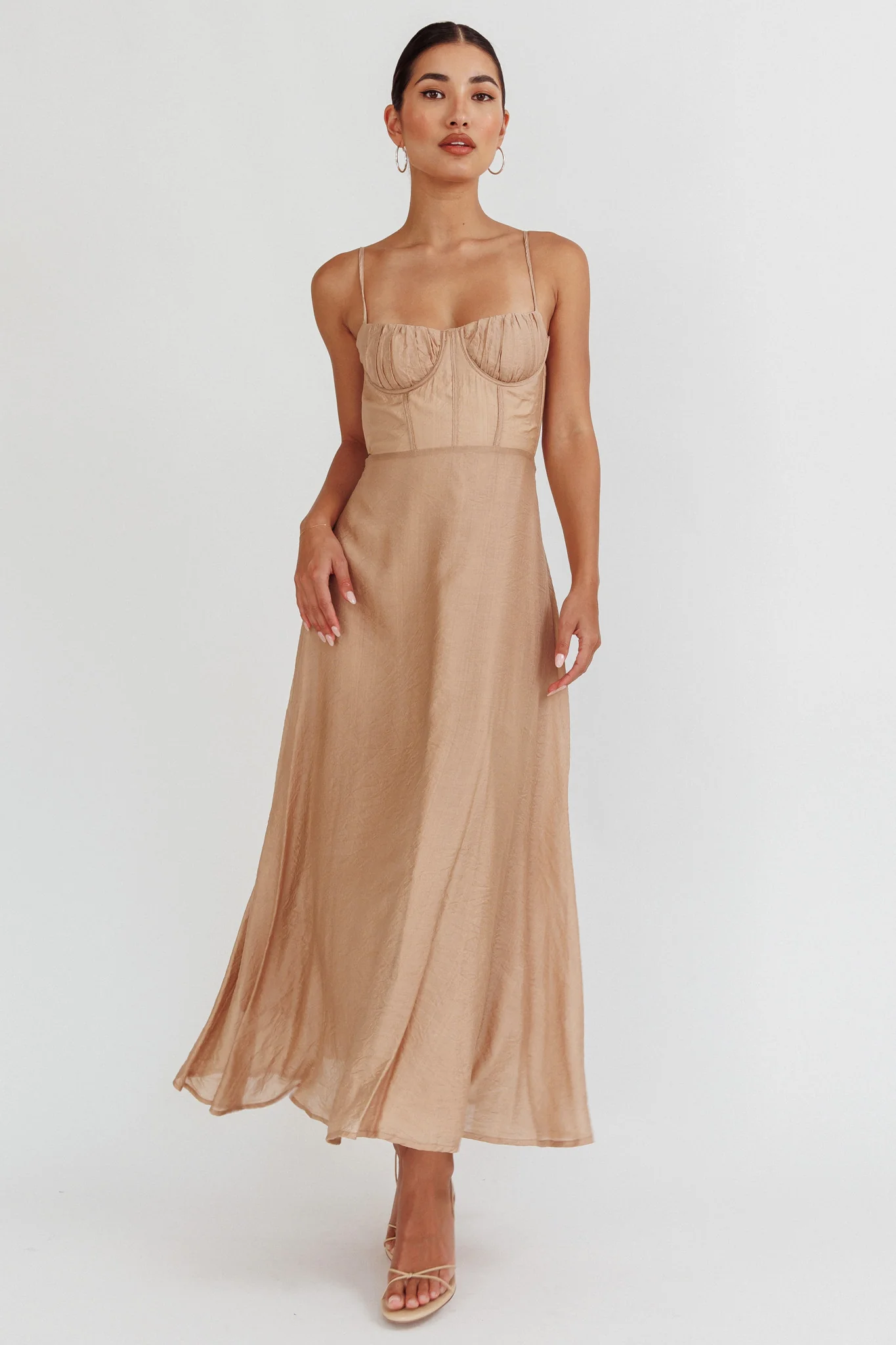 Echoes Tied Back A-Line Midi Dress Taupe - Sonourner