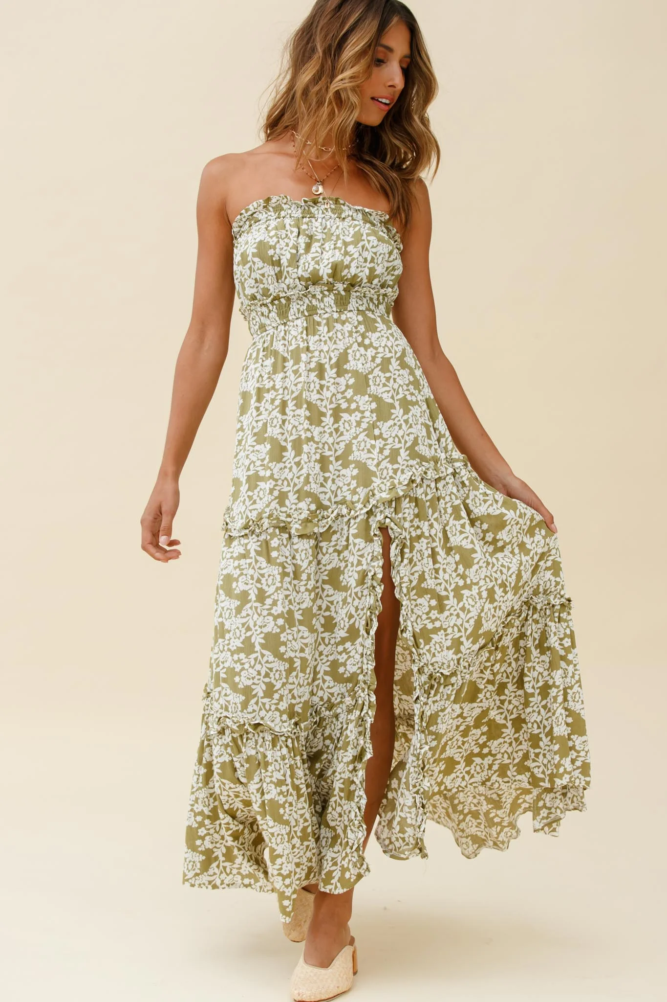 Take Me Away Strapless Maxi Dress Floral Print Green - Sonourner