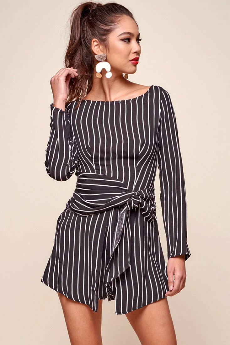 Abbey Waist Tie Pinstripe Romper Black & White - Sonourner
