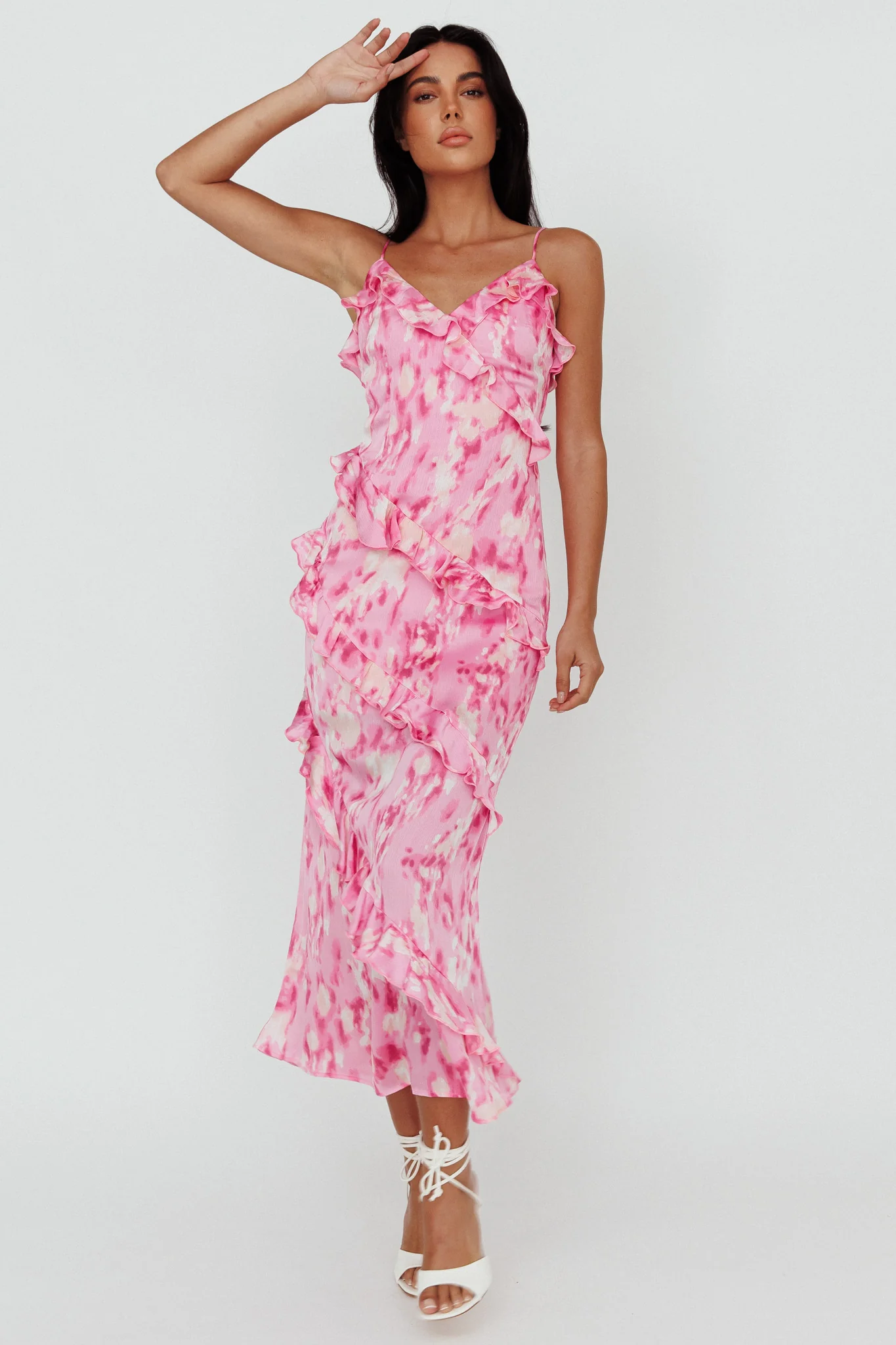 Silvana Frill Trim Midi Dress Print Pink - Sonourner