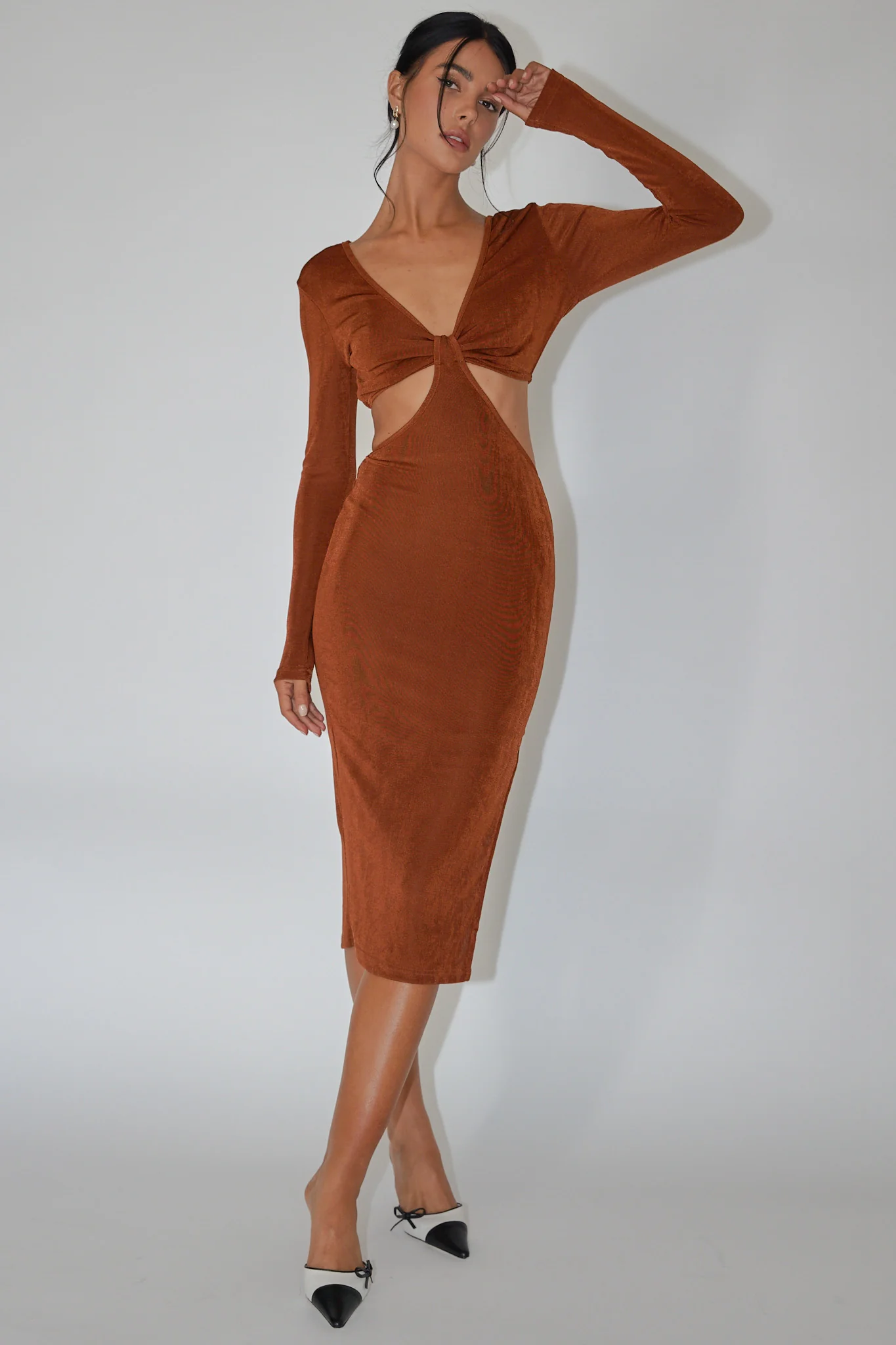 Acapulco Long Sleeve Cut-Out Waist Side Split Midi Jersey Dress Chocolate - Sonourner