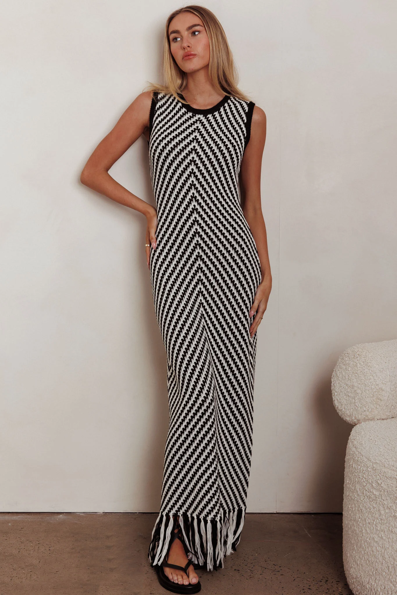 Same Place Fringed Knit Maxi Dress Black - Sonourner