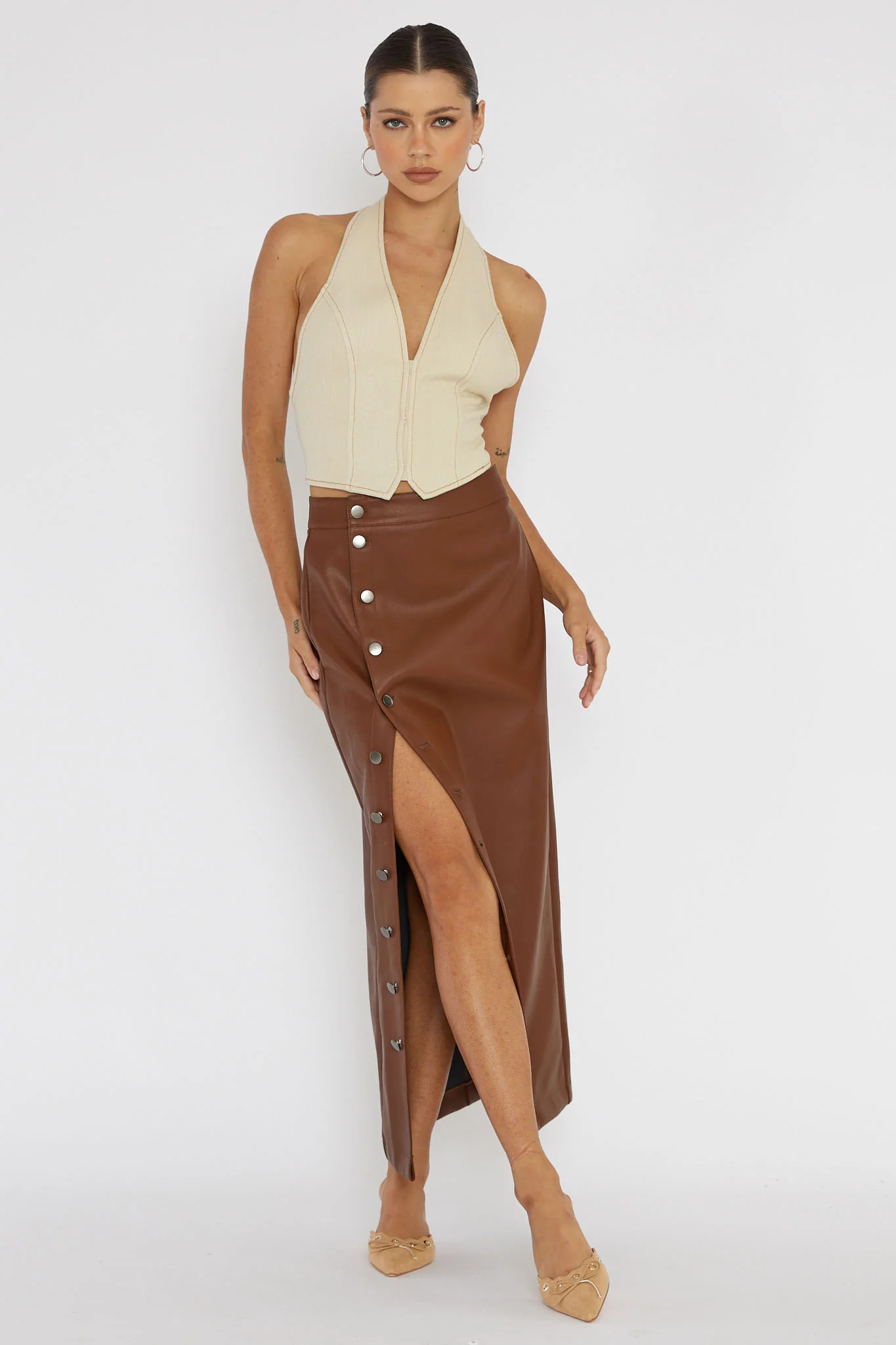 Angelica Button-Up Faux Leather Midi Skirt Brown - Sonourner