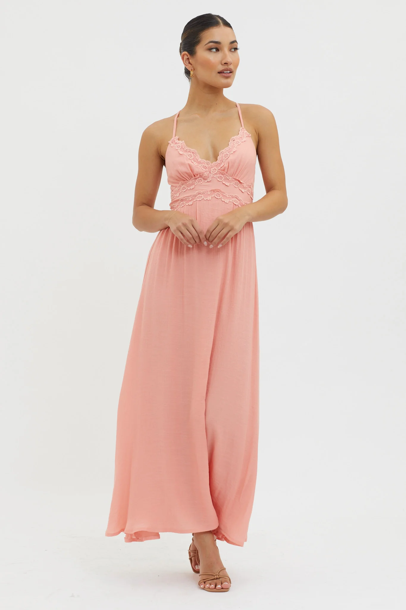 Slow It Down Lace Trim Maxi Dress Peach - Sonourner
