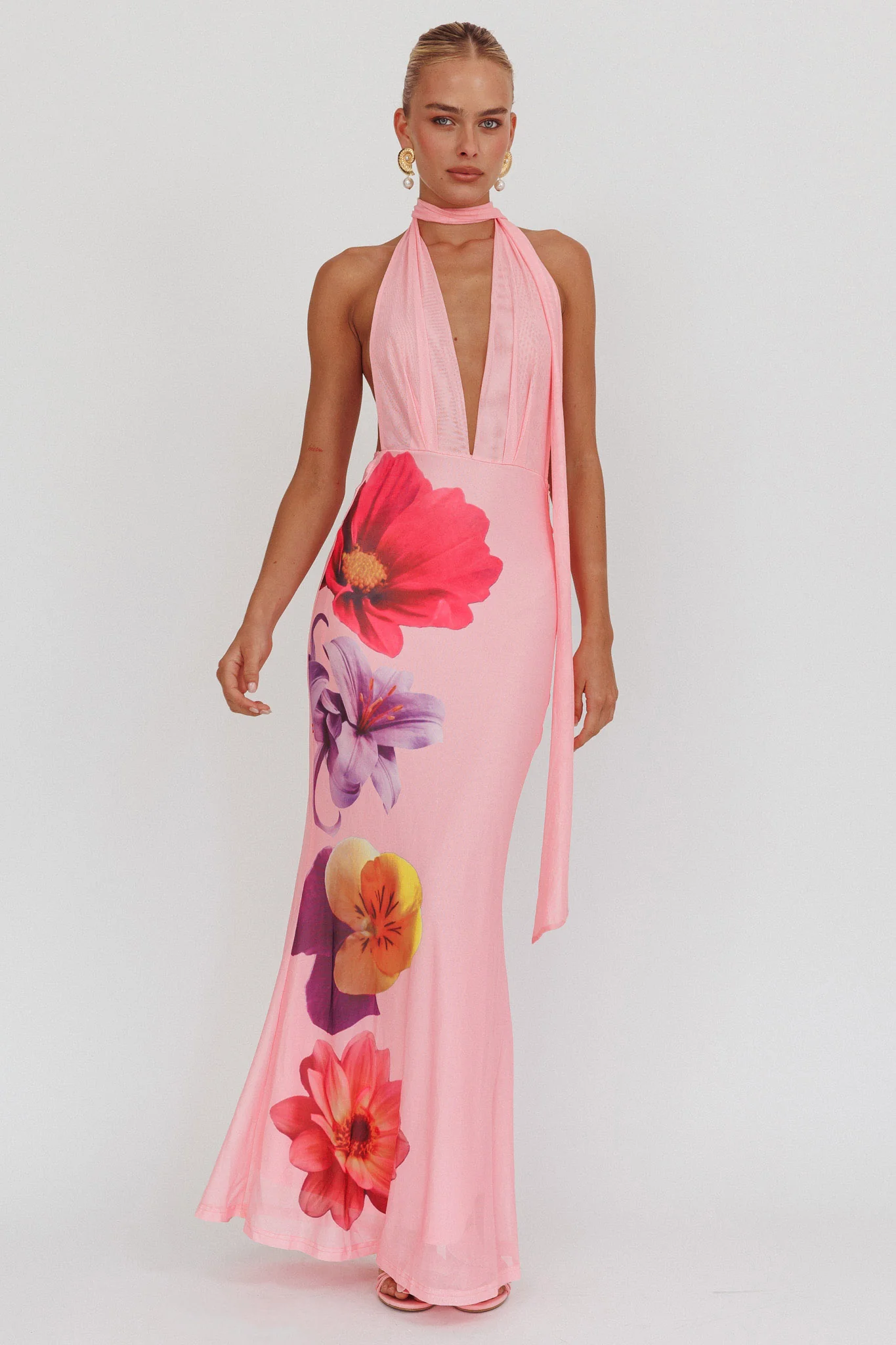 Italia Azure Halterneck Maxi Dress Flowers Pink - Sonourner