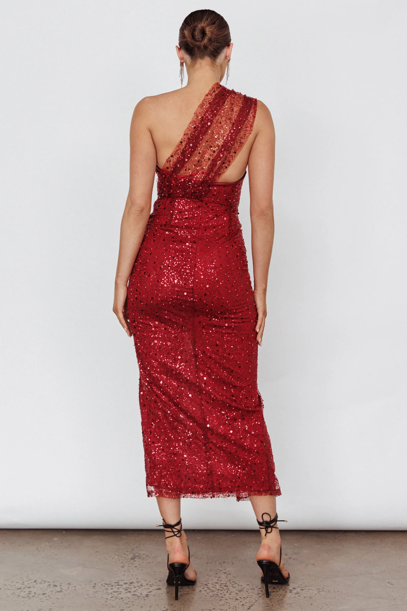 Doniella One-Shoulder Split Sequin Maxi Dress Wine - Sonourner