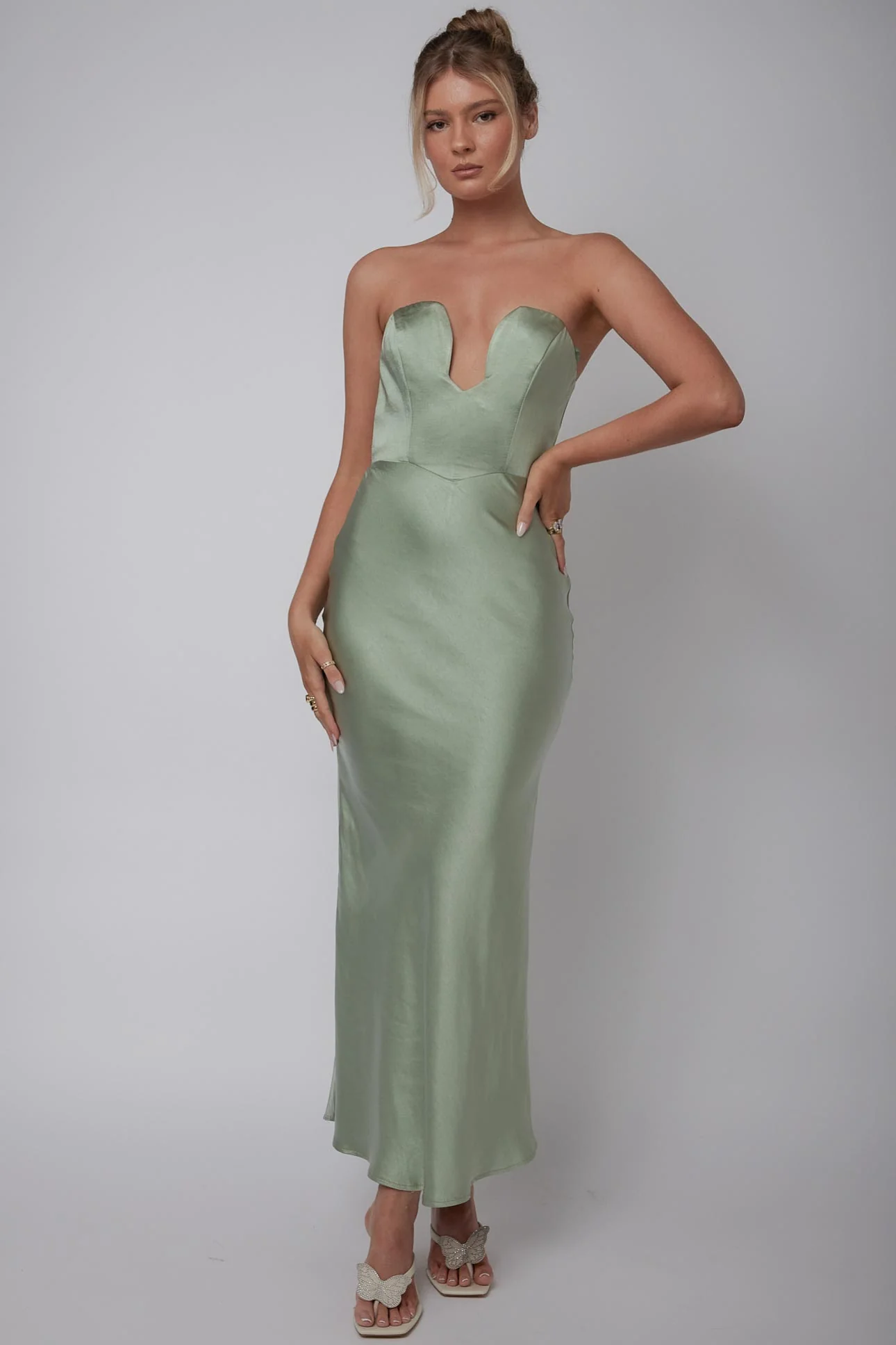 Encore Strapless Satin Maxi Dress Olive - Sonourner