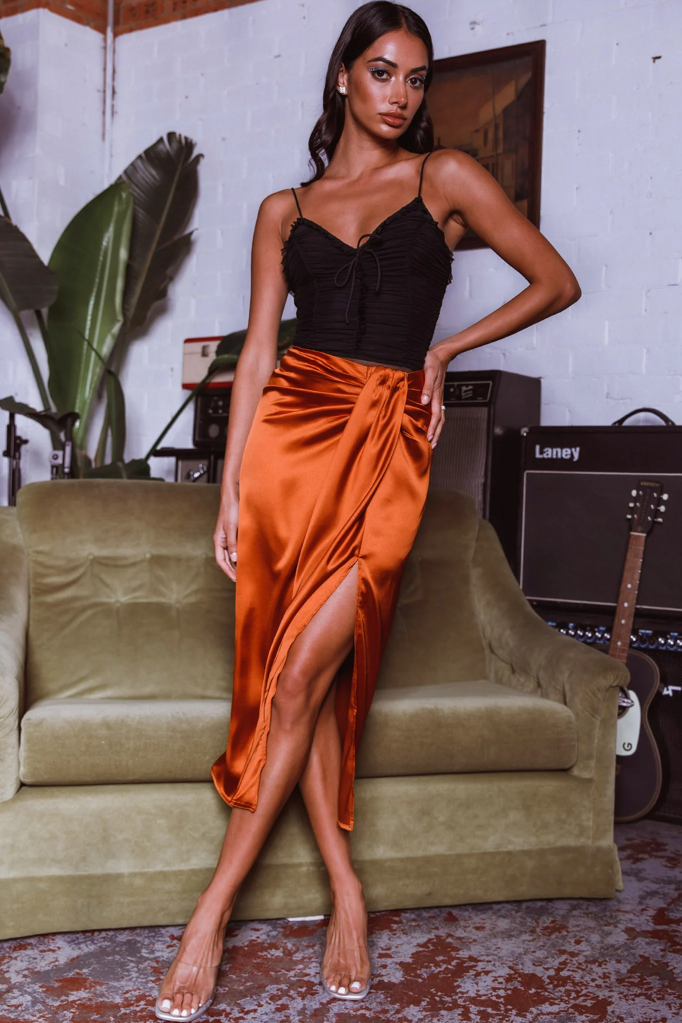 On The Money Gathered Midi Skirt Camel - Sonourner